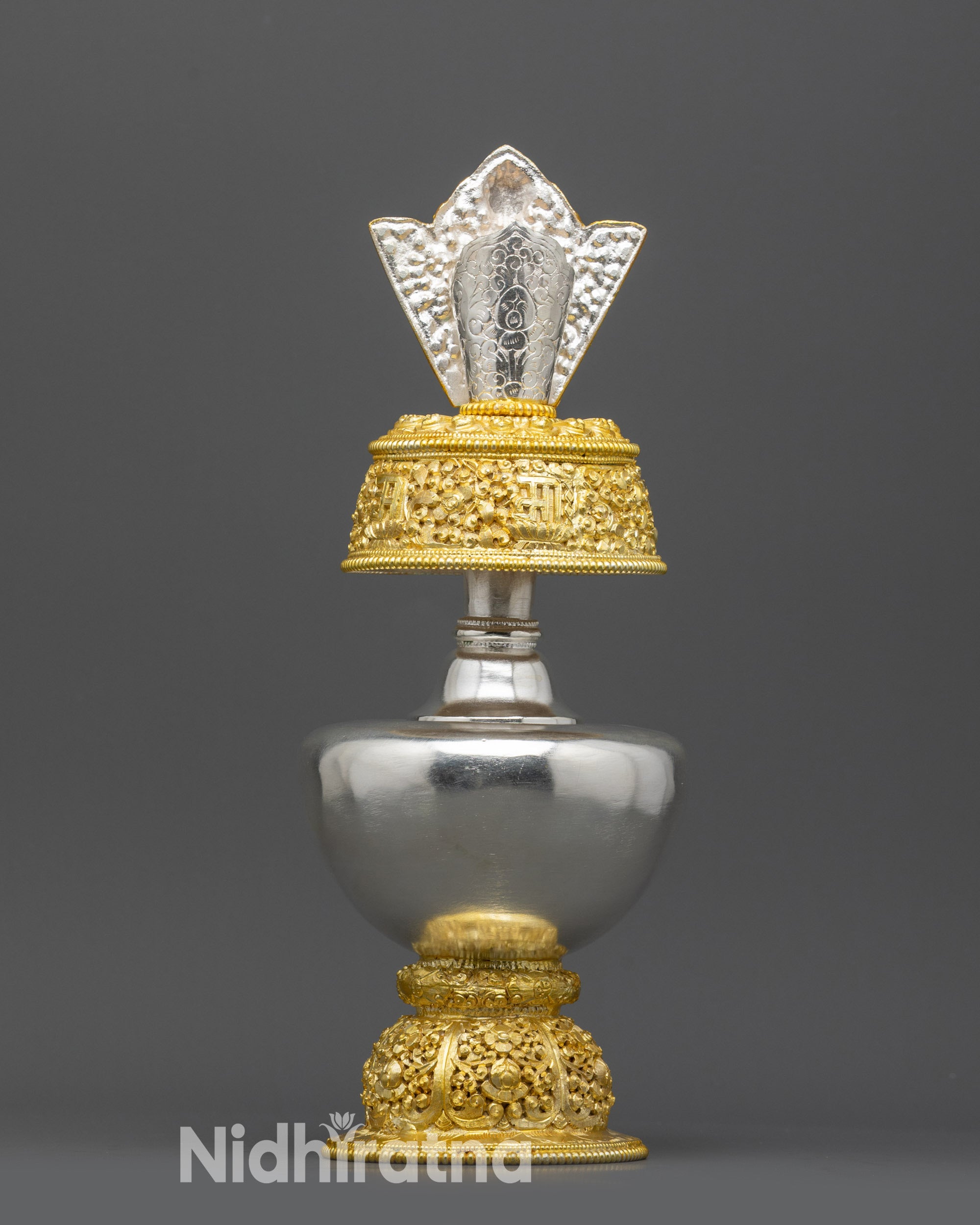 Side view Che Bhumbha Himalayan Buddhist vase with curved body and sleek neck