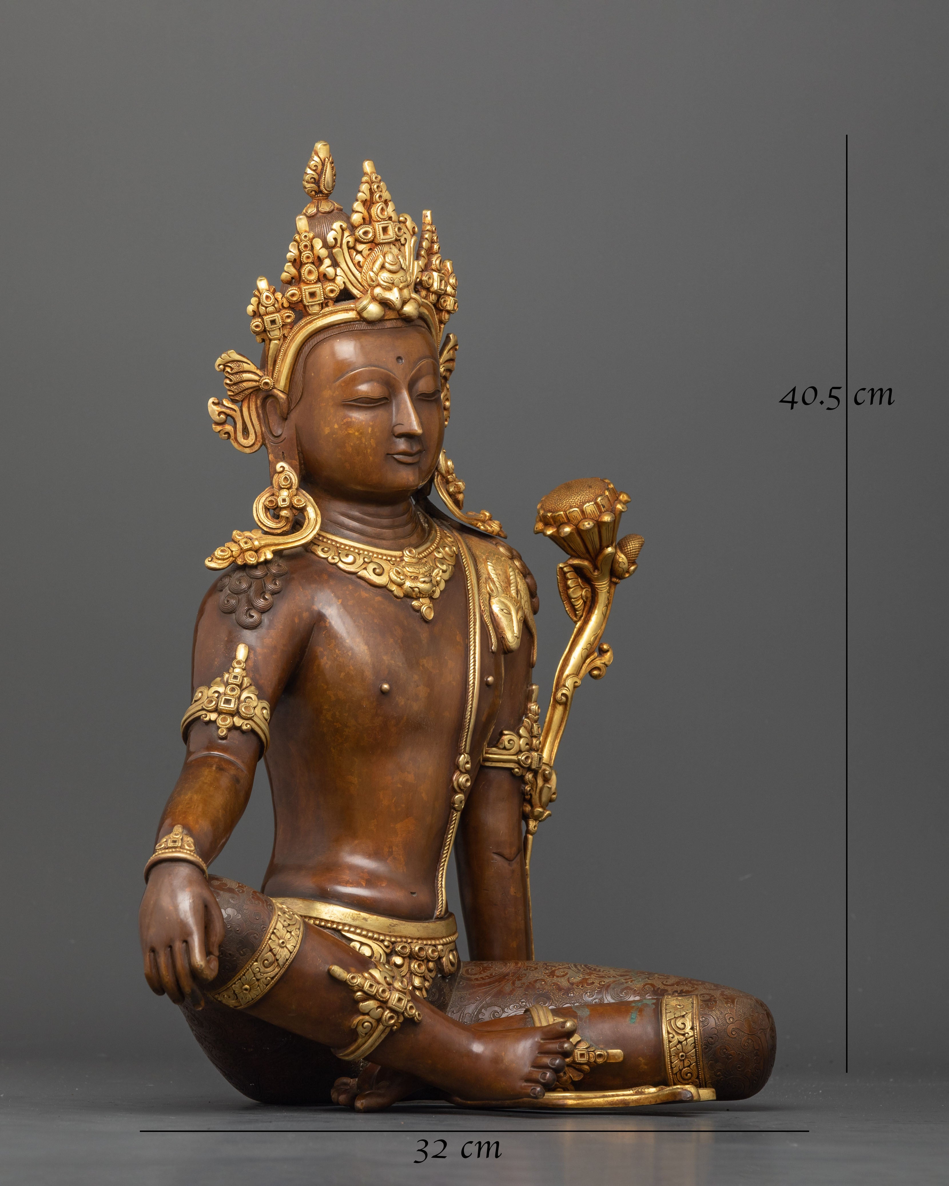 Side view Chenrezig seated meditative posture lotus throne Himalayan copper statue