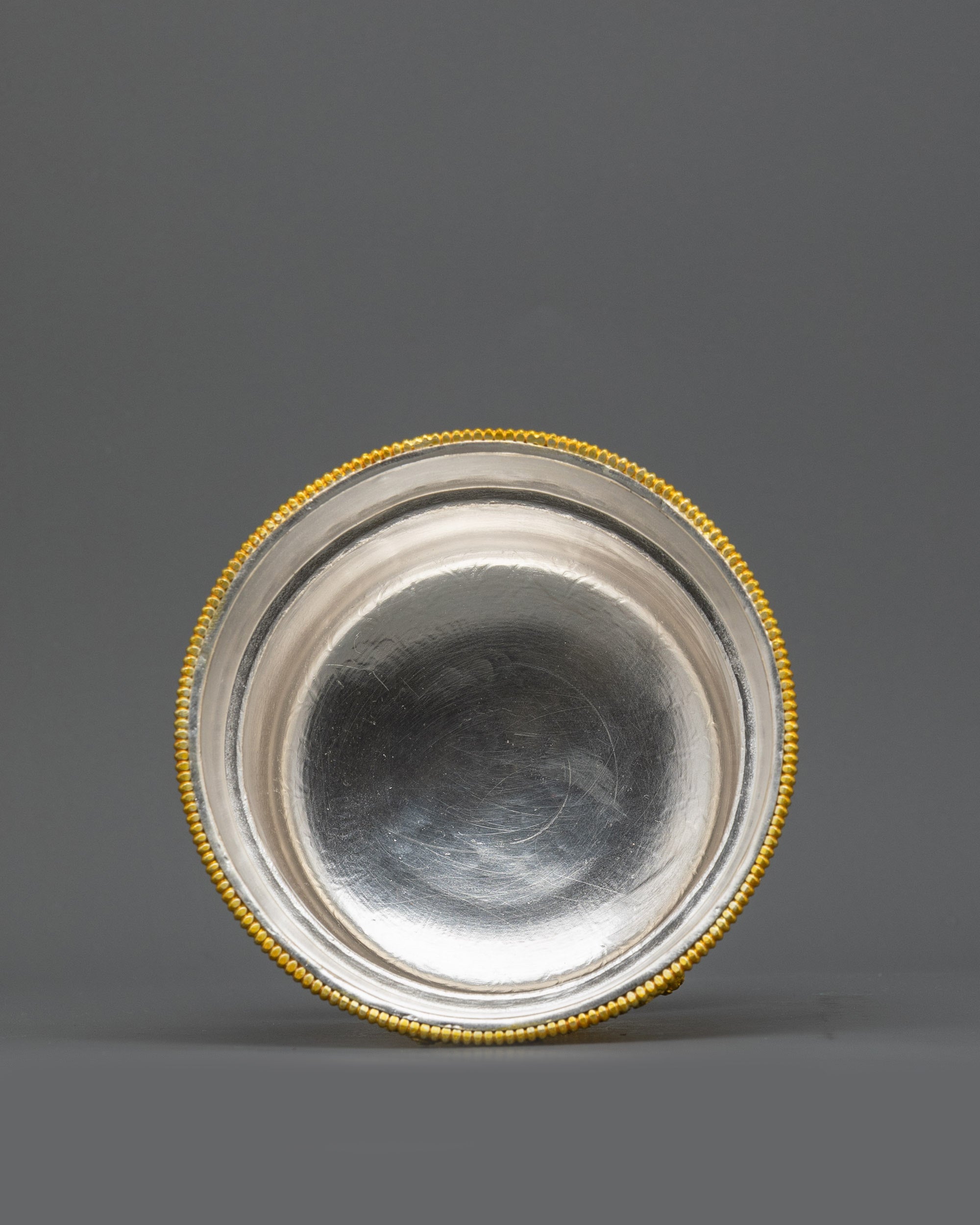 Side view Gold & Silver-Plated Tibetan Water Offering Bowl, copper base