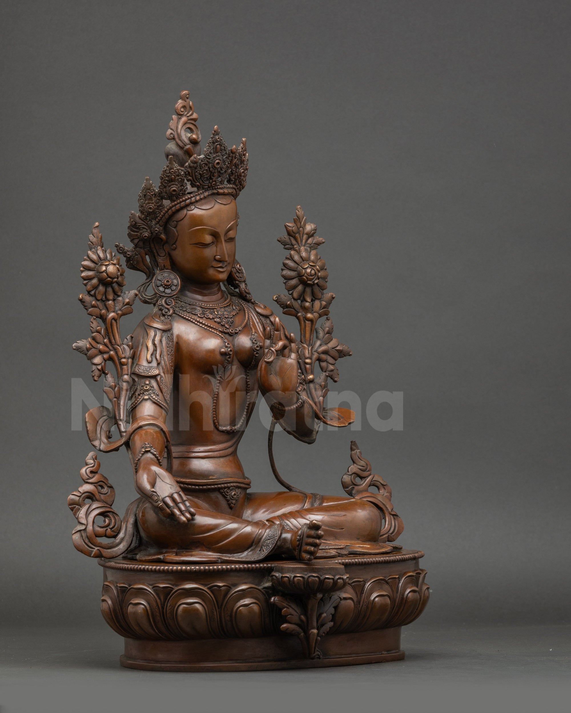 Side view Green Tara statue compassion deity, Himalayan craftsmanship, meditation decor