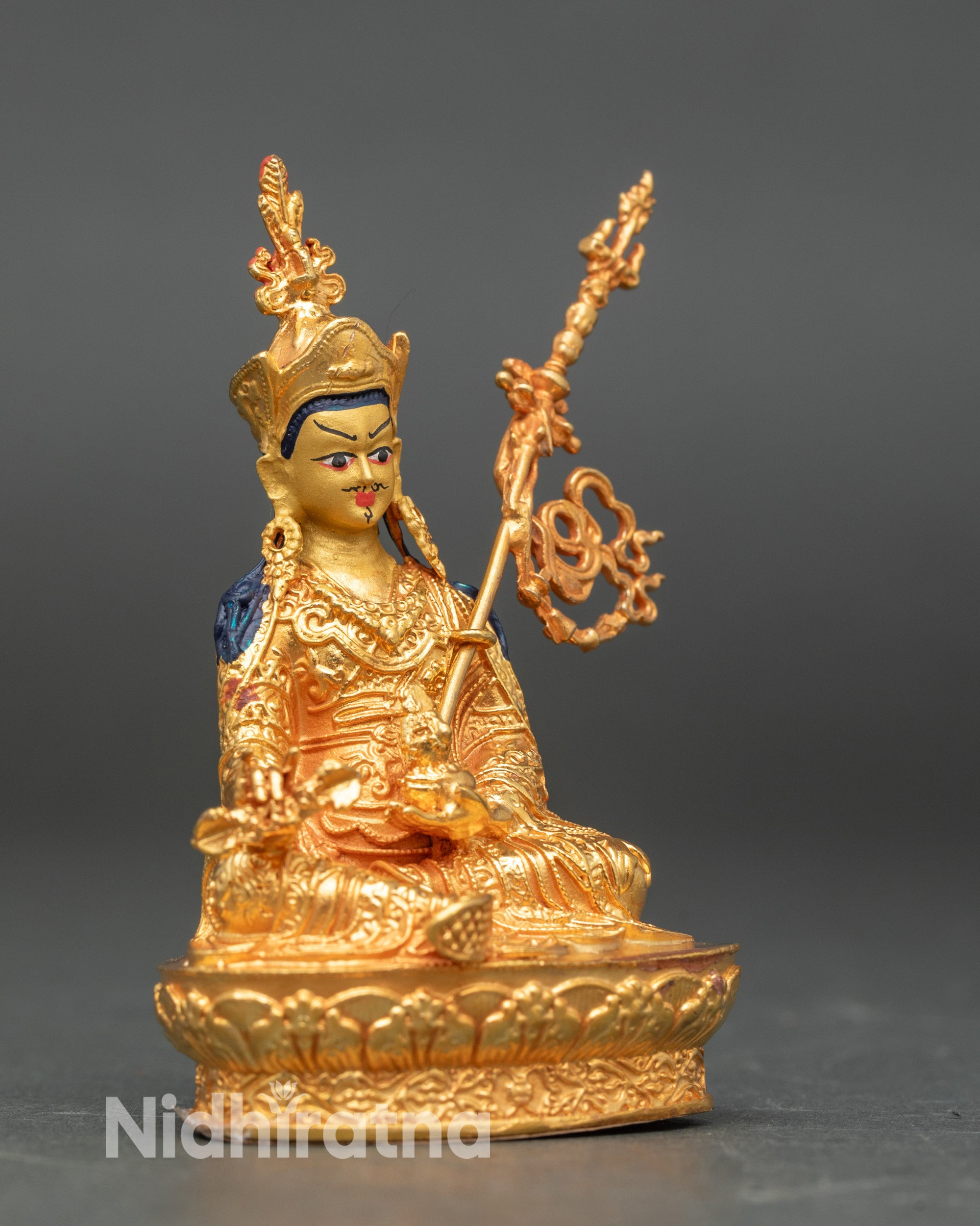 Side view Guru Rinpoche seated lotus base Tibetan spiritual artwork
