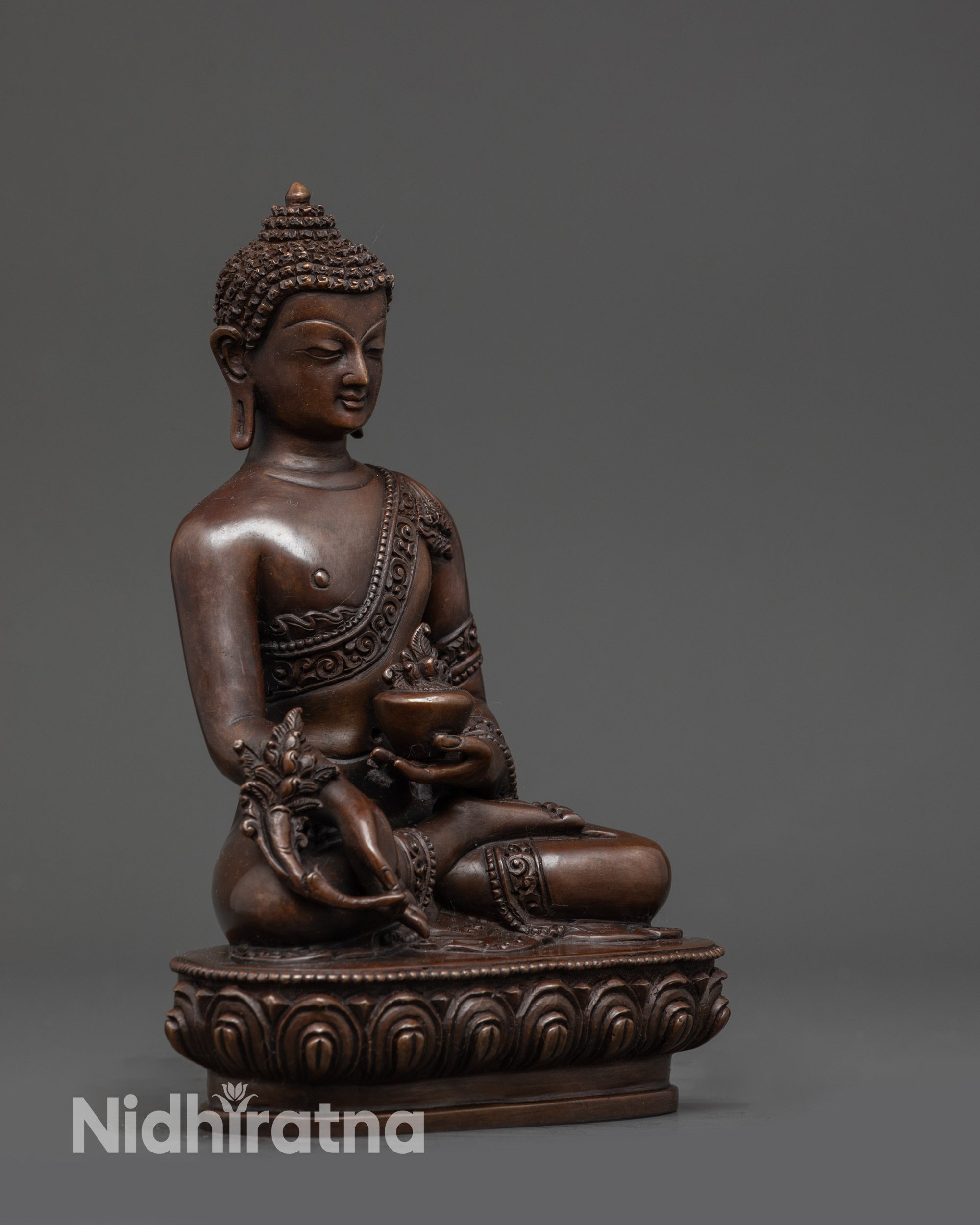 Side view Healing Medicine Buddha statue with monk’s robe and medicinal symbolism