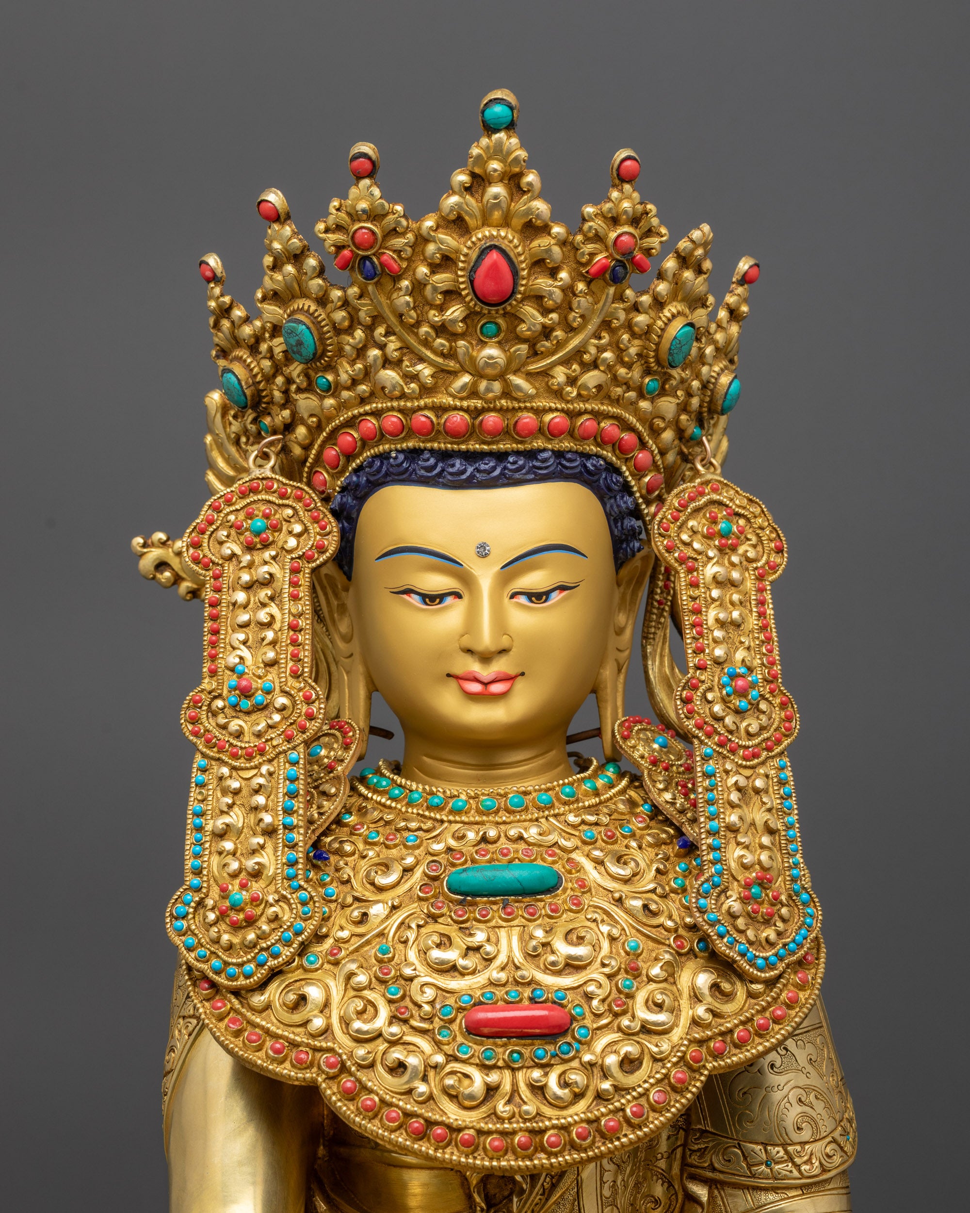 Side view Jowo Rinpoche Shakyamuni Buddha with alms bowl and gold-fire gilded robes