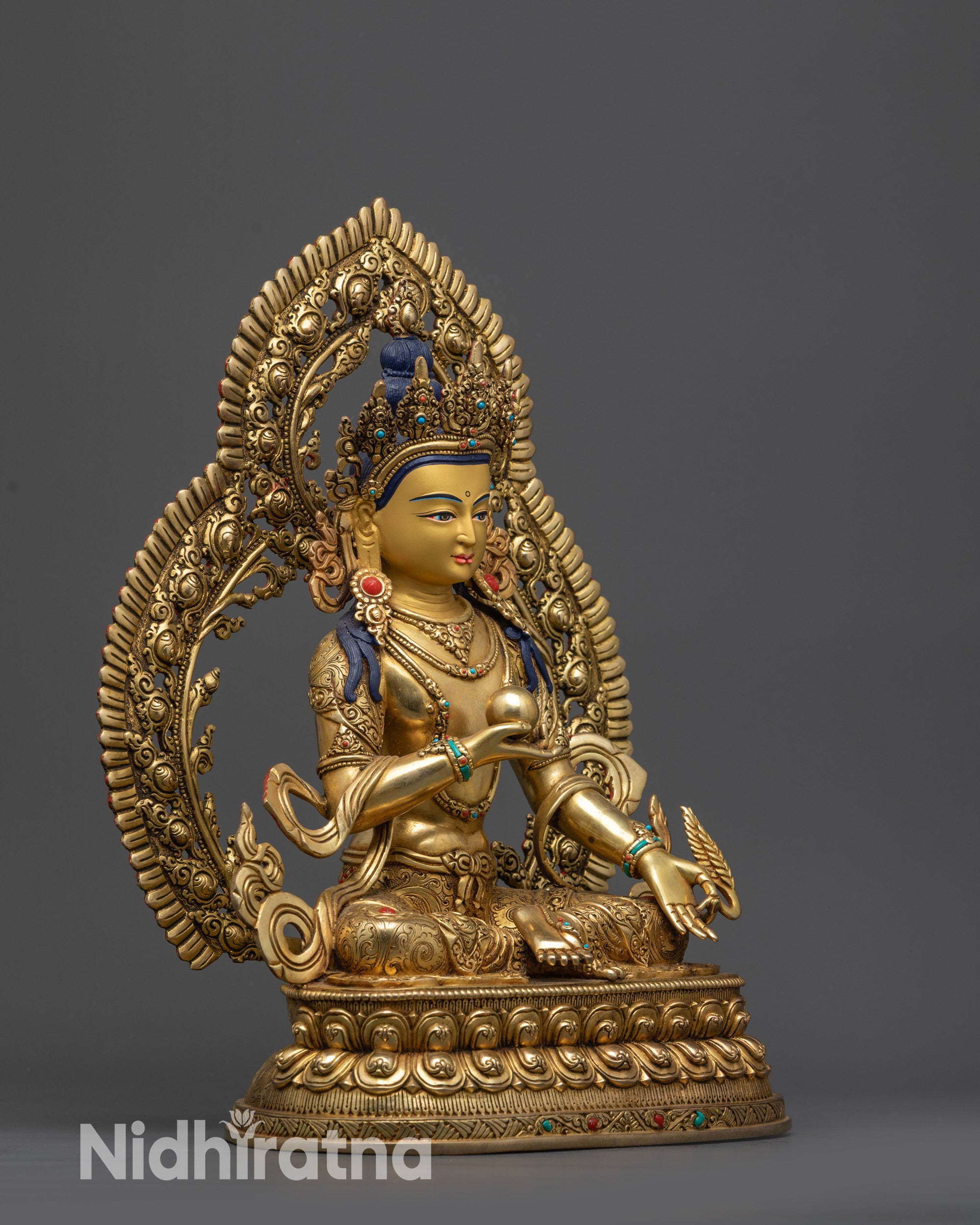 Side view Kshitigarbha Bodhisattva Statue with intricate robe and halo detailing