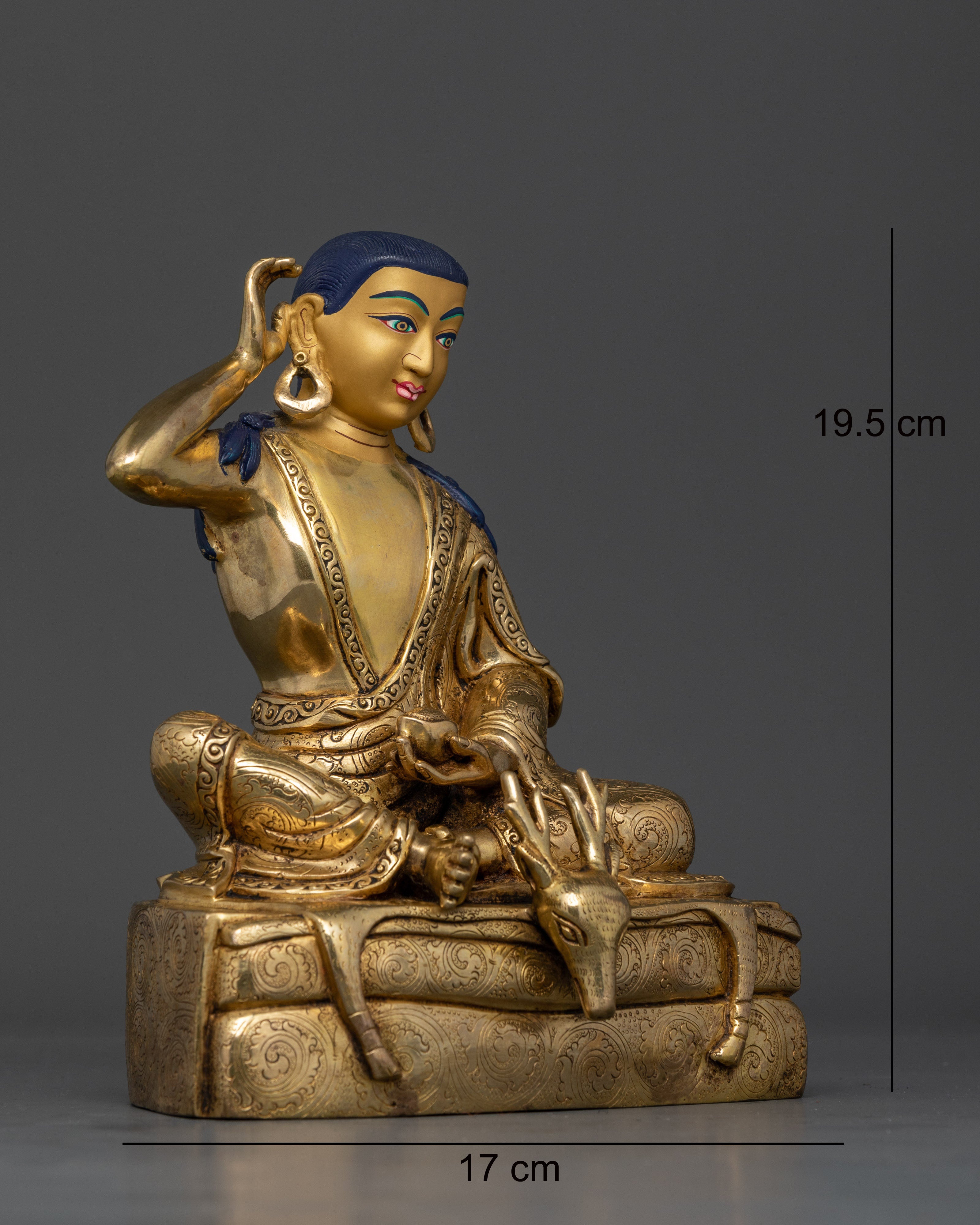 Side view Milarepa holding bowl deer skin pedestal kapala detail