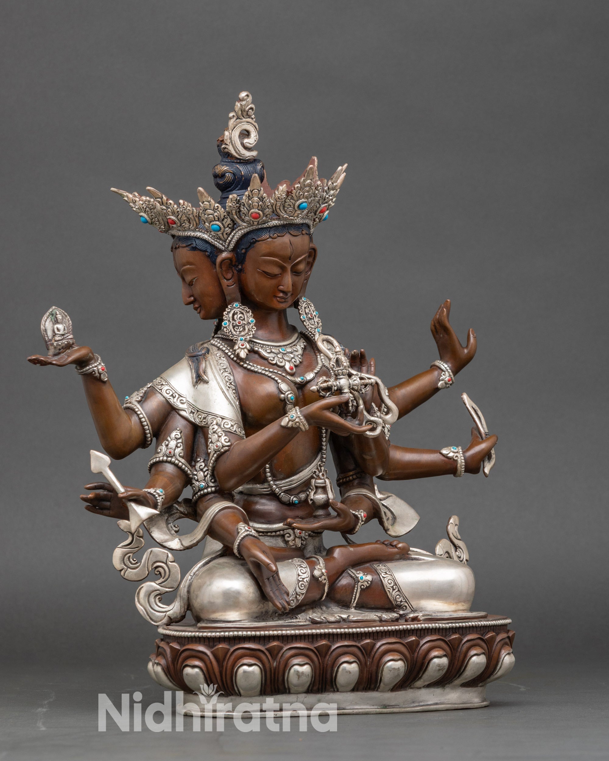Side view Namgyalma statue – oxidized silver-plated copper Buddhist longevity goddess on lotus