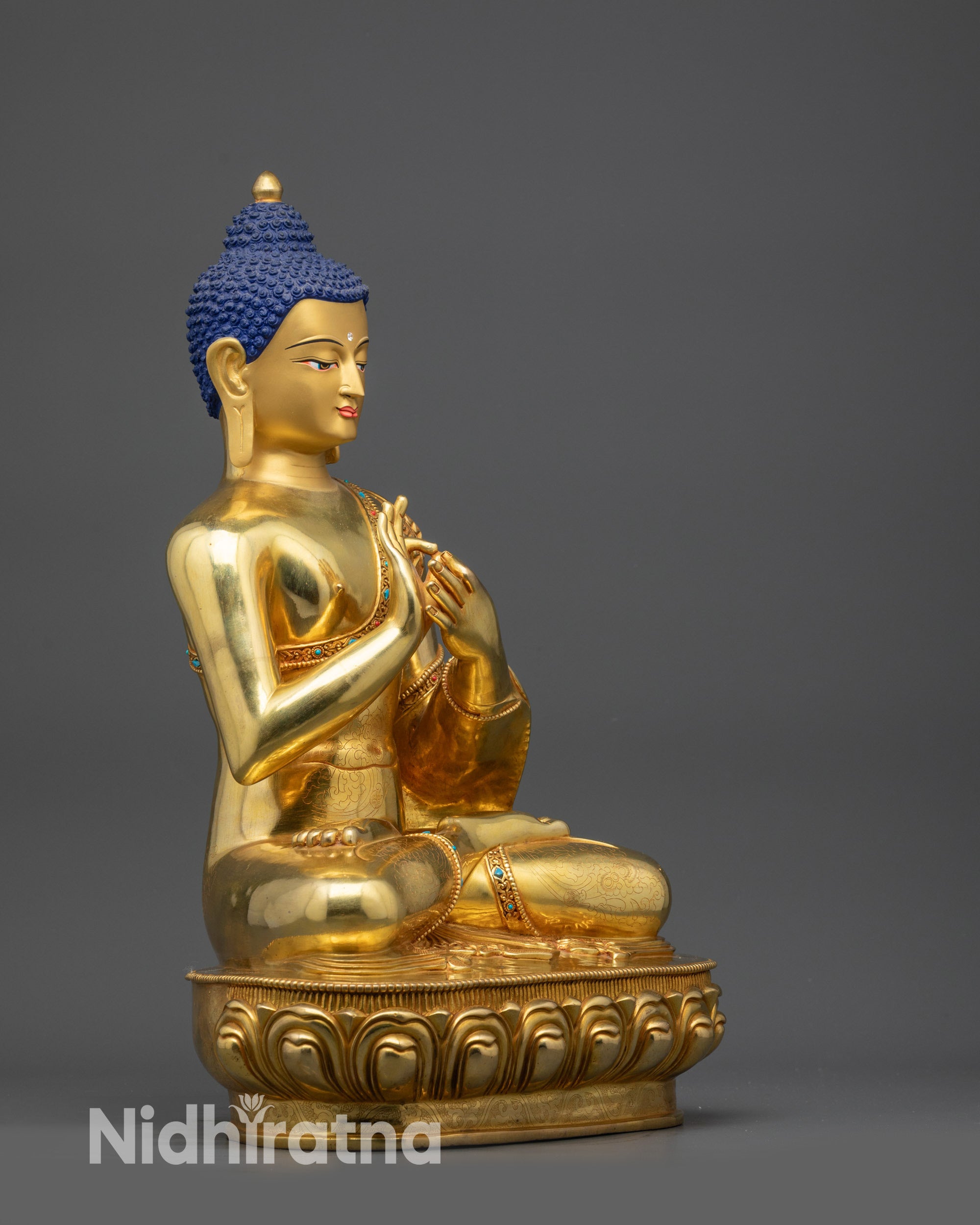 Side view Premium Nepalese Vairocana Buddha statue on lotus pedestal