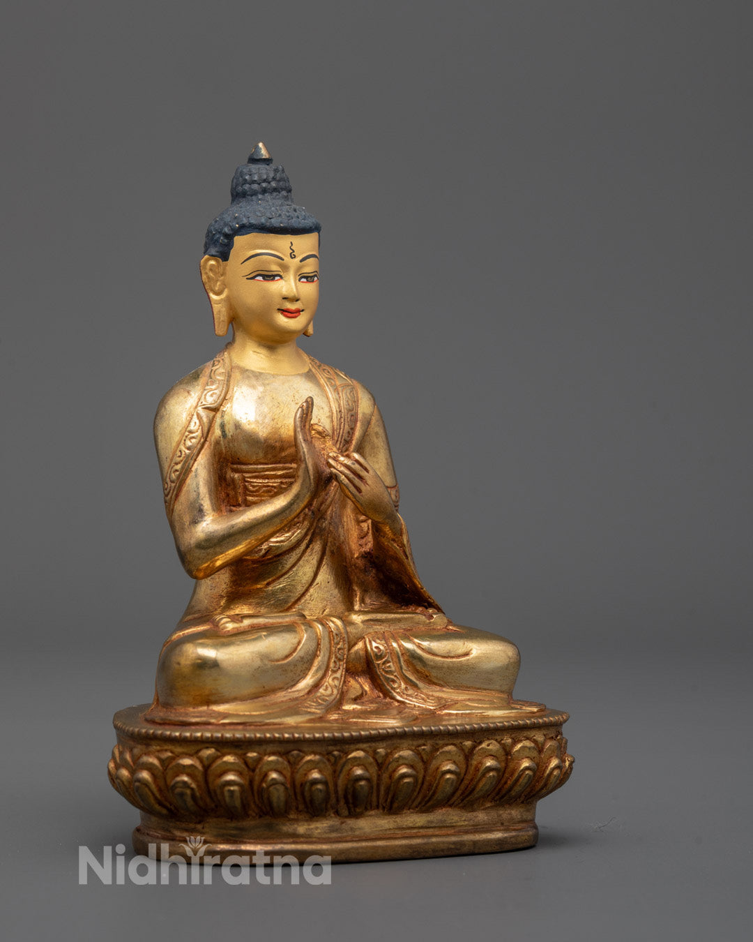 Side view Sacred Vairocana Buddha Sculpture handcrafted with deep carvings and 24K gold body