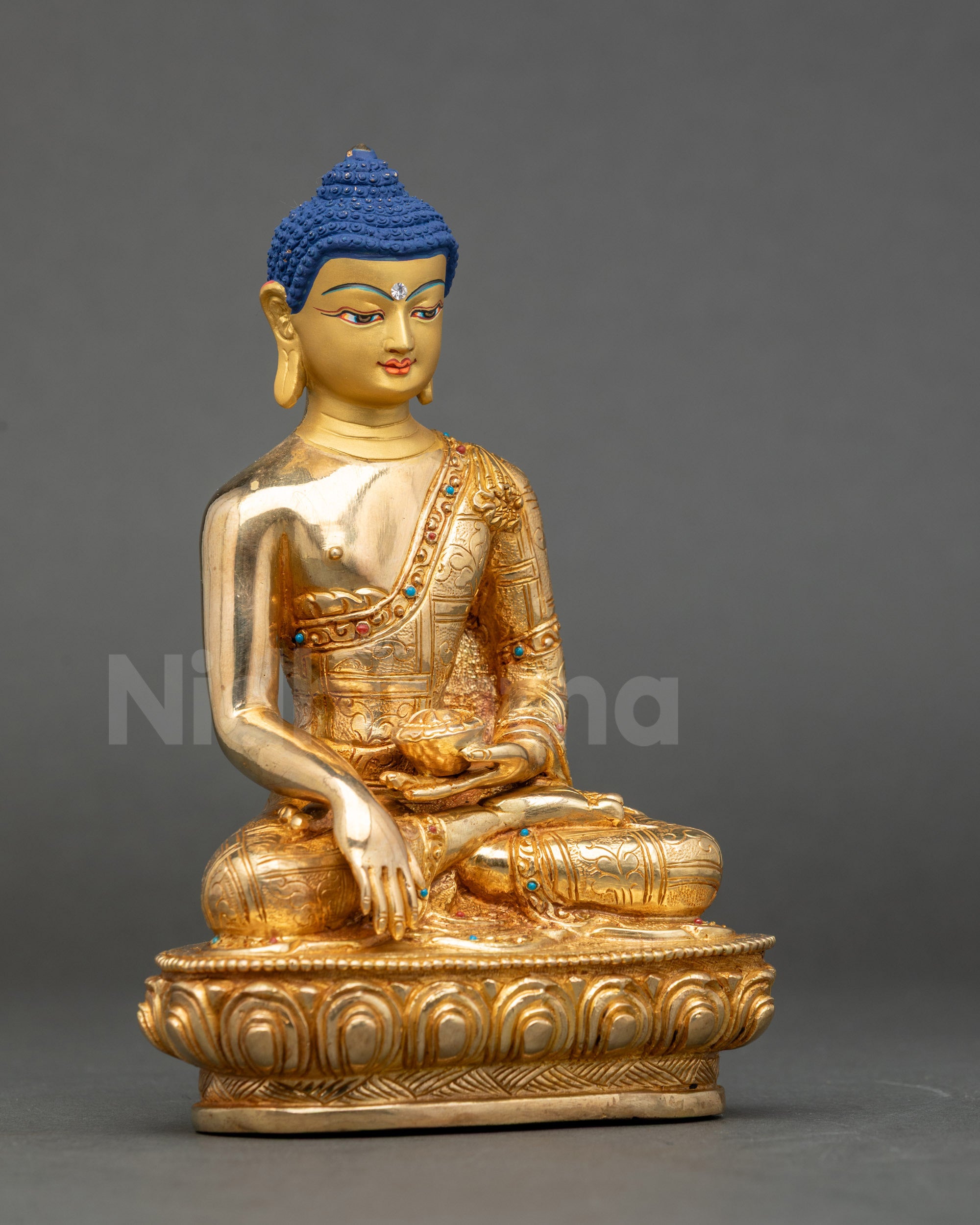 Side view Shakyamuni Buddha seated on lotus throne, meditation and altar sculpture
