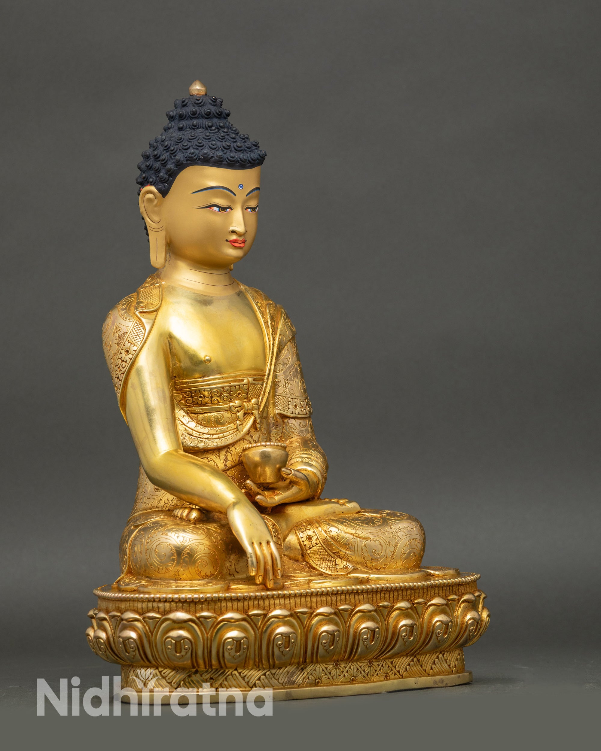 Side view Shakyamuni Buddha statue earth-touching mudra holding patra bowl sacred decor