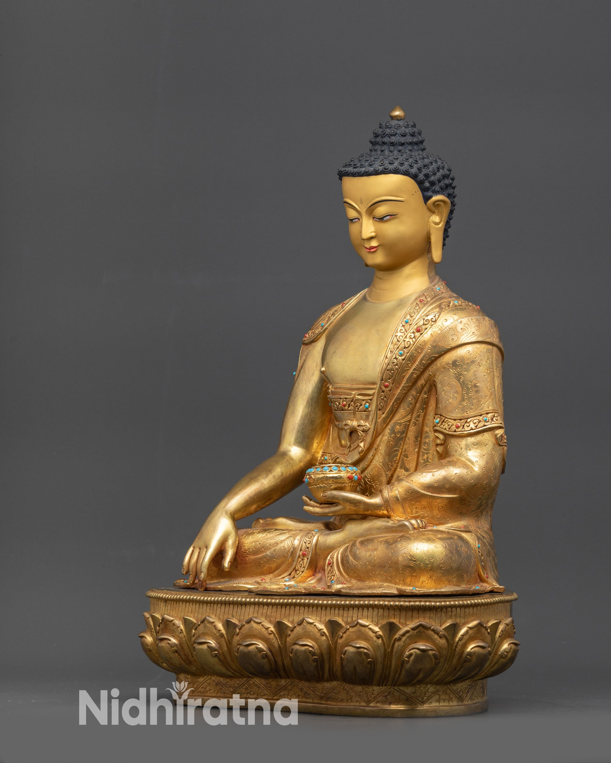 Side view Shakyamuni Buddha statue padmasana pose with intricate robe details