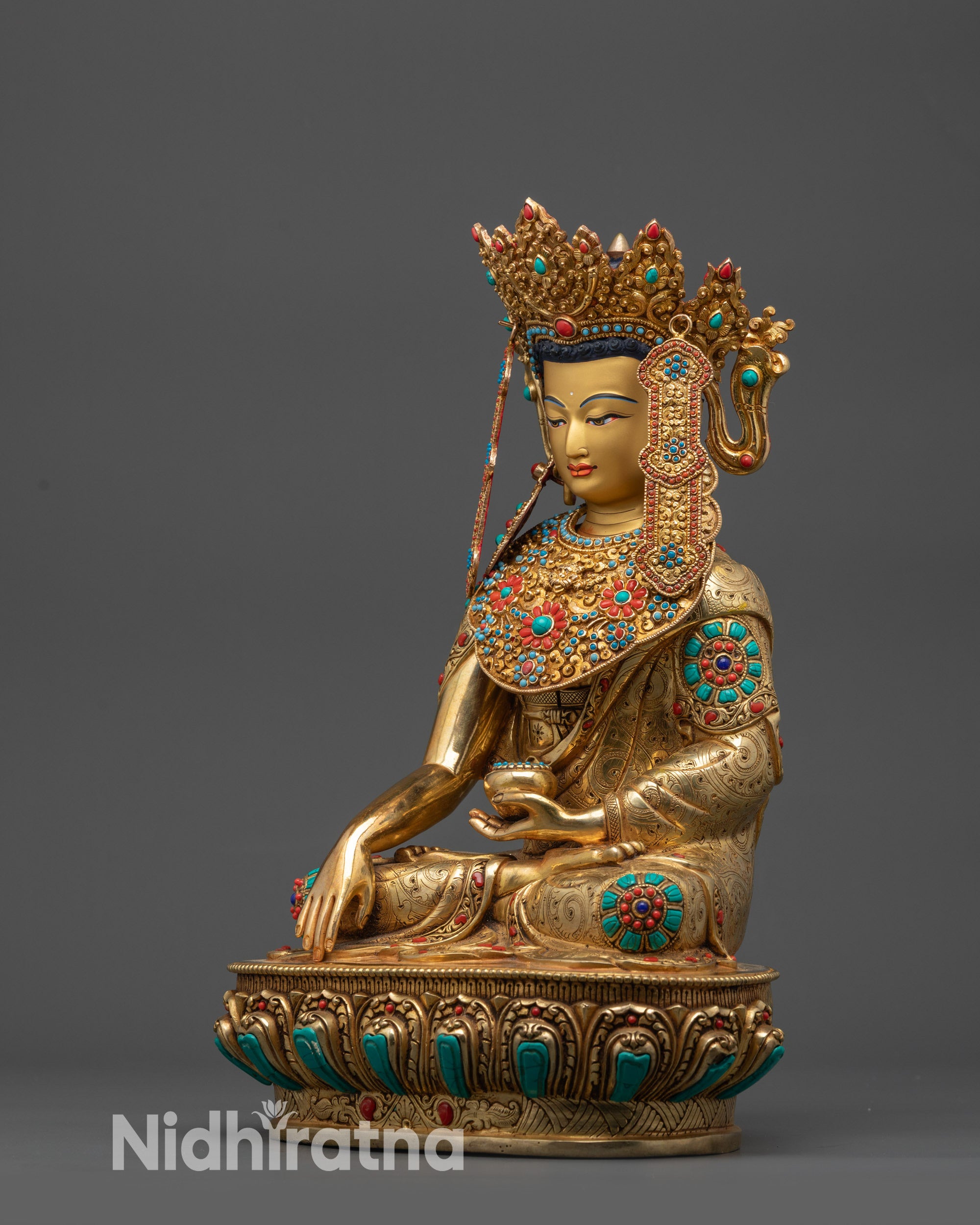 Side view Tibetan Jowo Shakyamuni statue highlighting Patra Bowl and jewelry