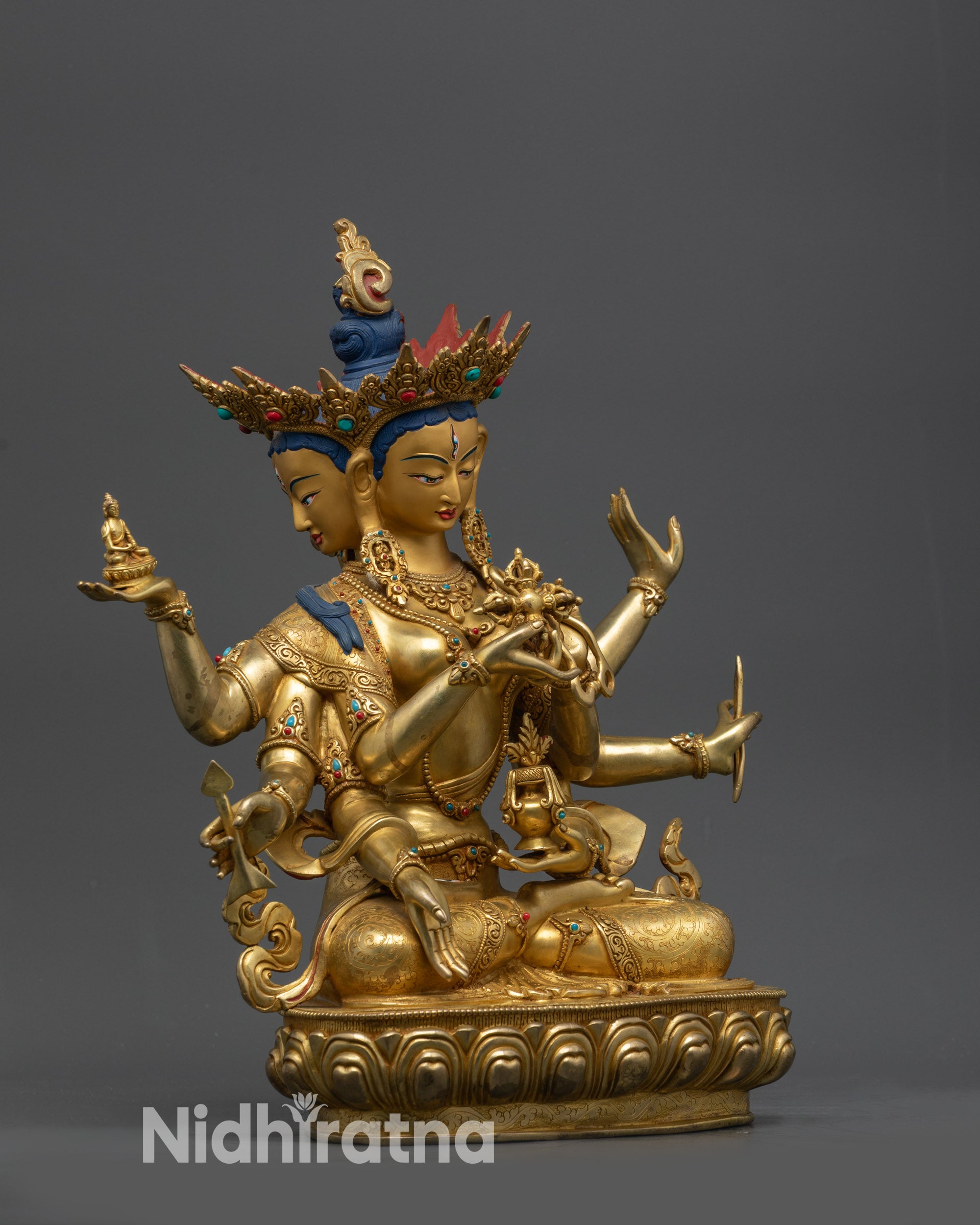 Side view Ushnishavijaya Namgyalma Statue with gold fire-gilded body and ornaments