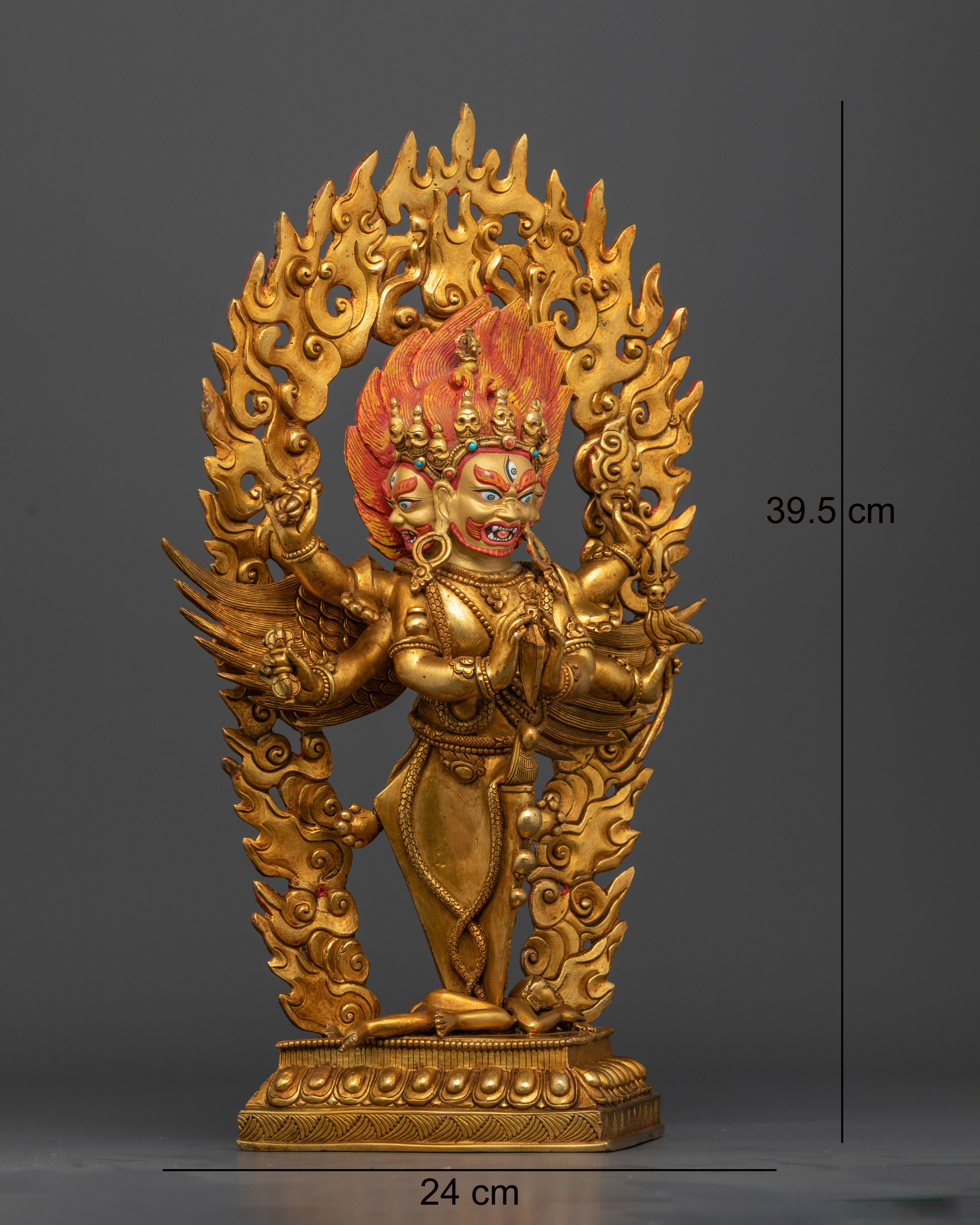 Front view Vajrakilaya statue gold-gilded copper Nepalese wrathful deity three faces