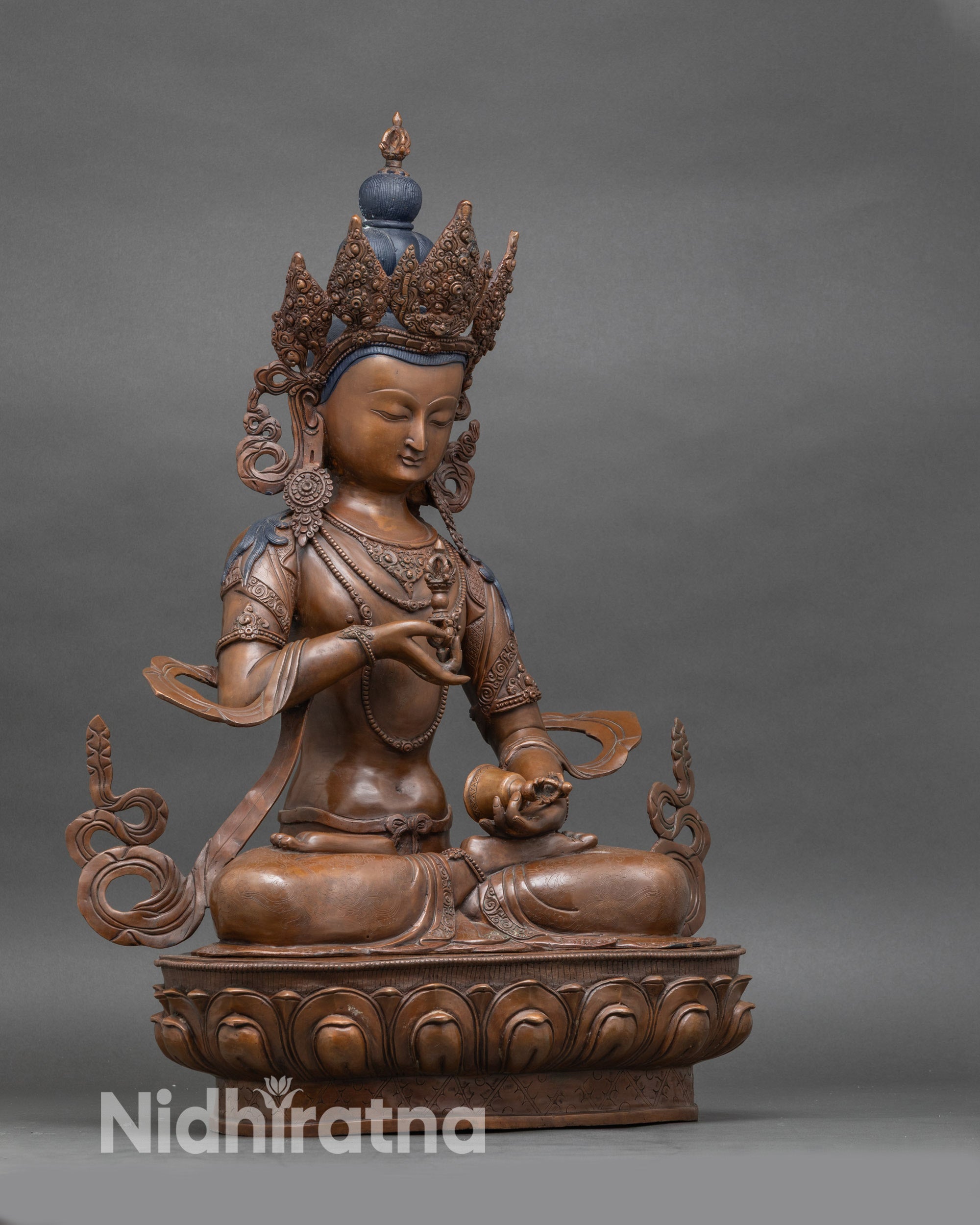 Side view Vajrasattva Buddha statue | oxidized copper Himalayan meditation artwork
