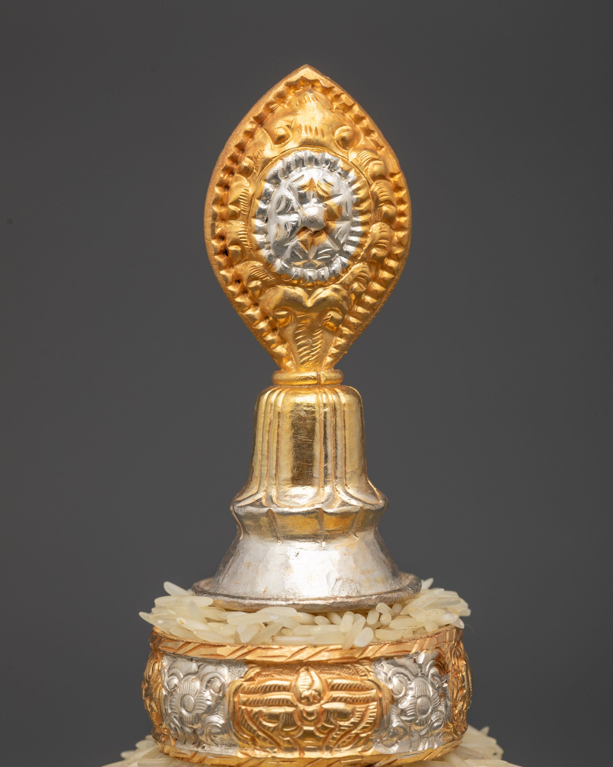 Side view copper Mandala offering set used for meditation and spiritual prosperity