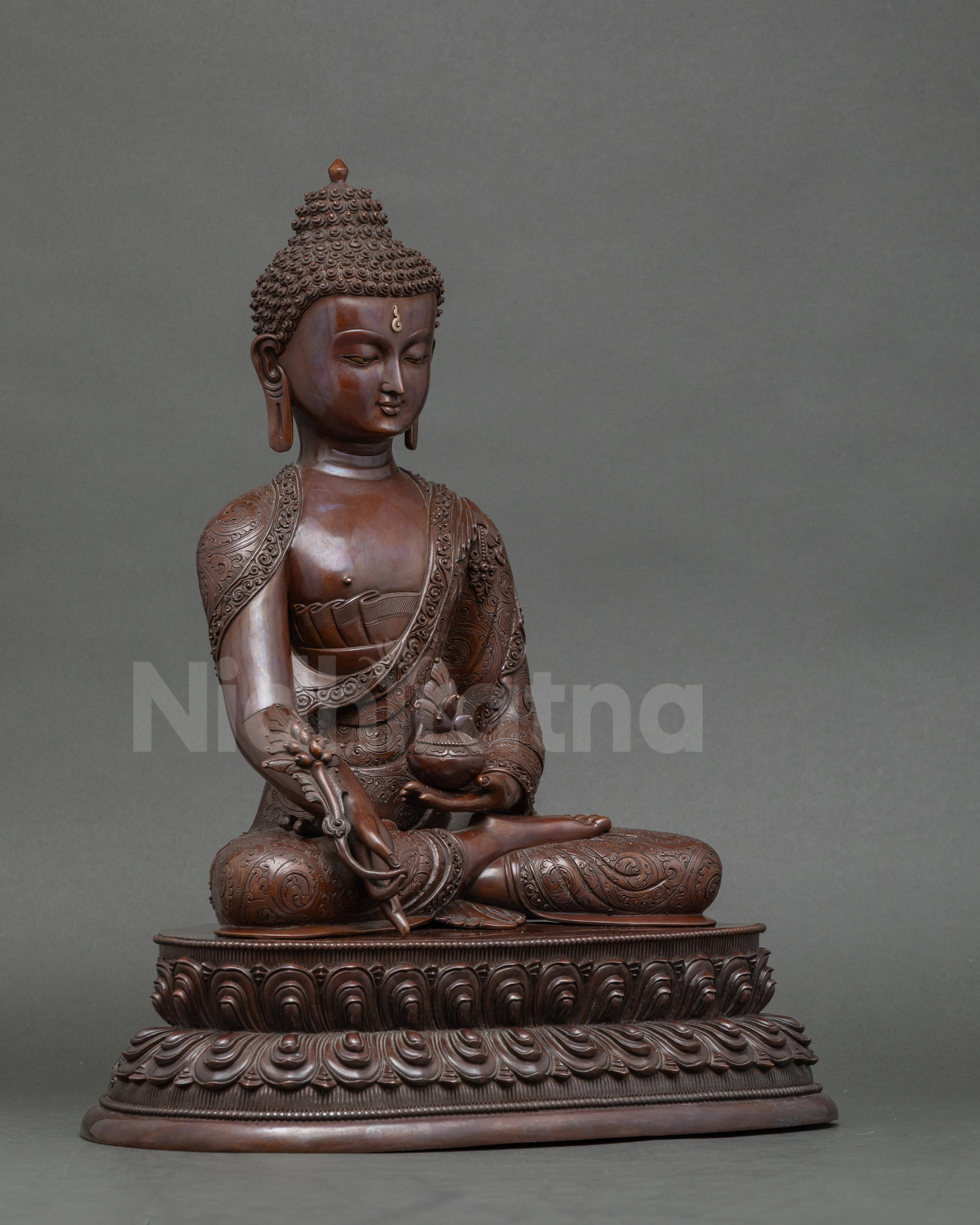 Side view handcrafted Newari Medicine Buddha for meditation, prayer, and spiritual harmony
