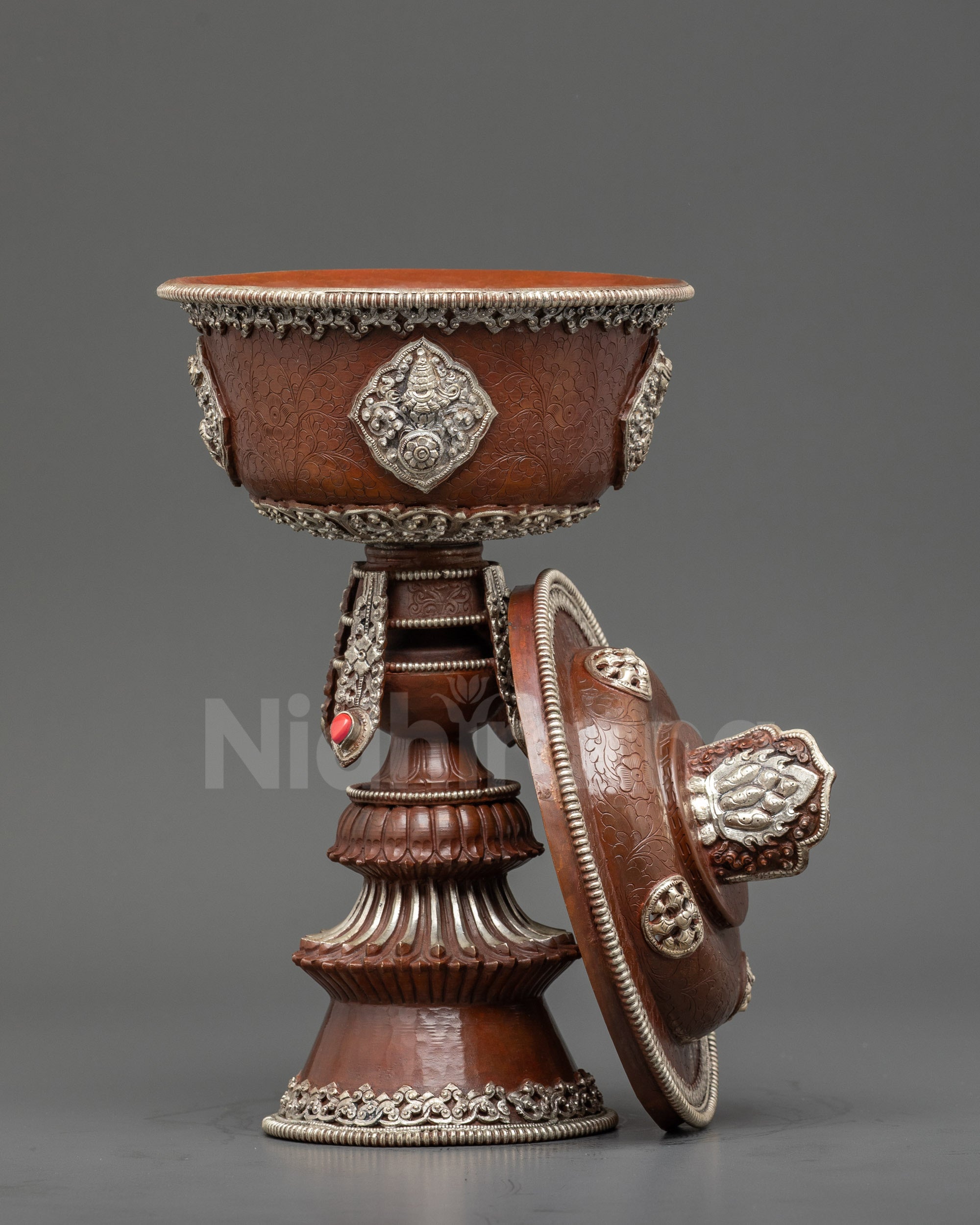 Side view handmade Himalayan Butter Lamp with stable base for altar and meditation use