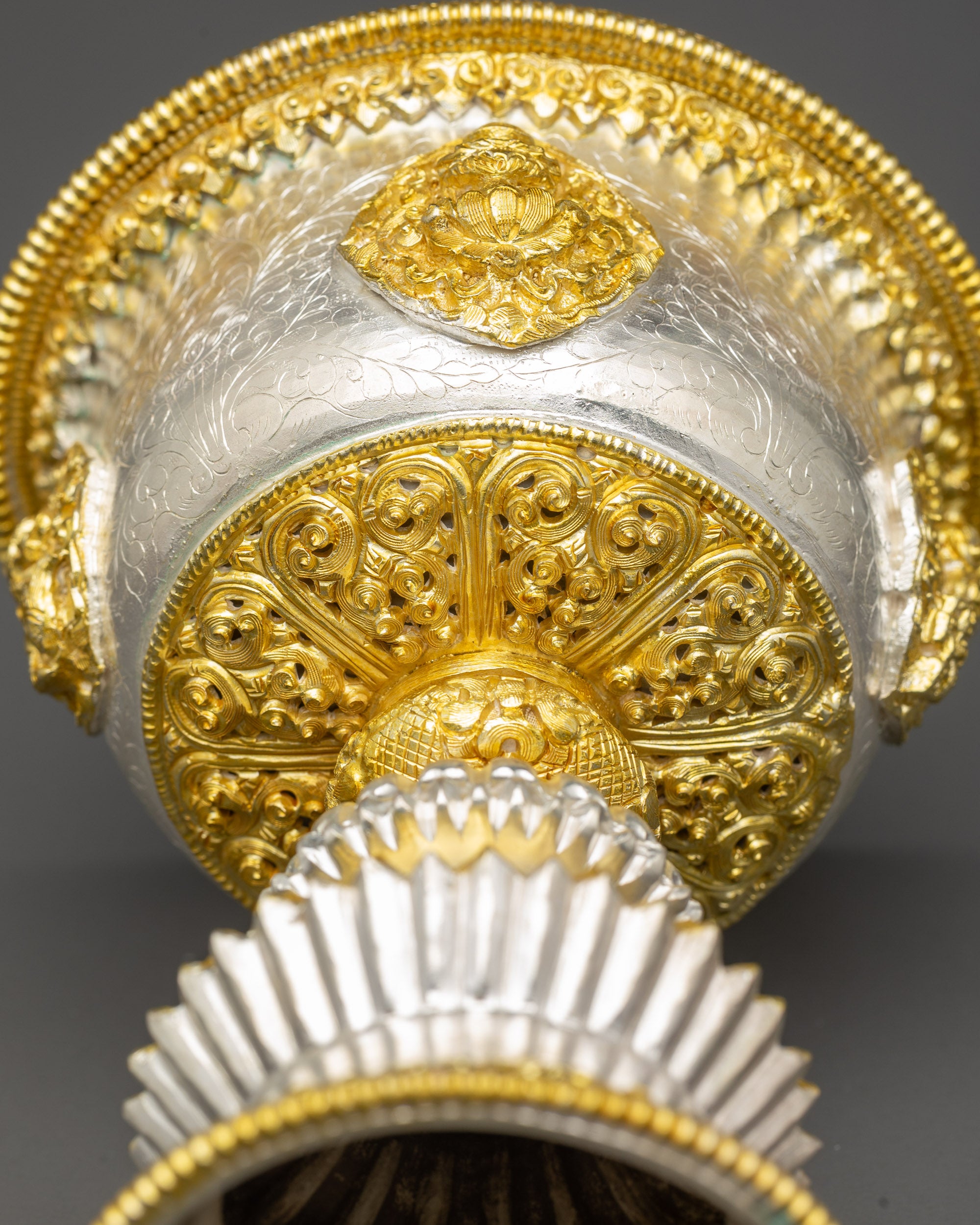 Side view handmade Tibetan Butter Lamp for meditation and sacred offerings