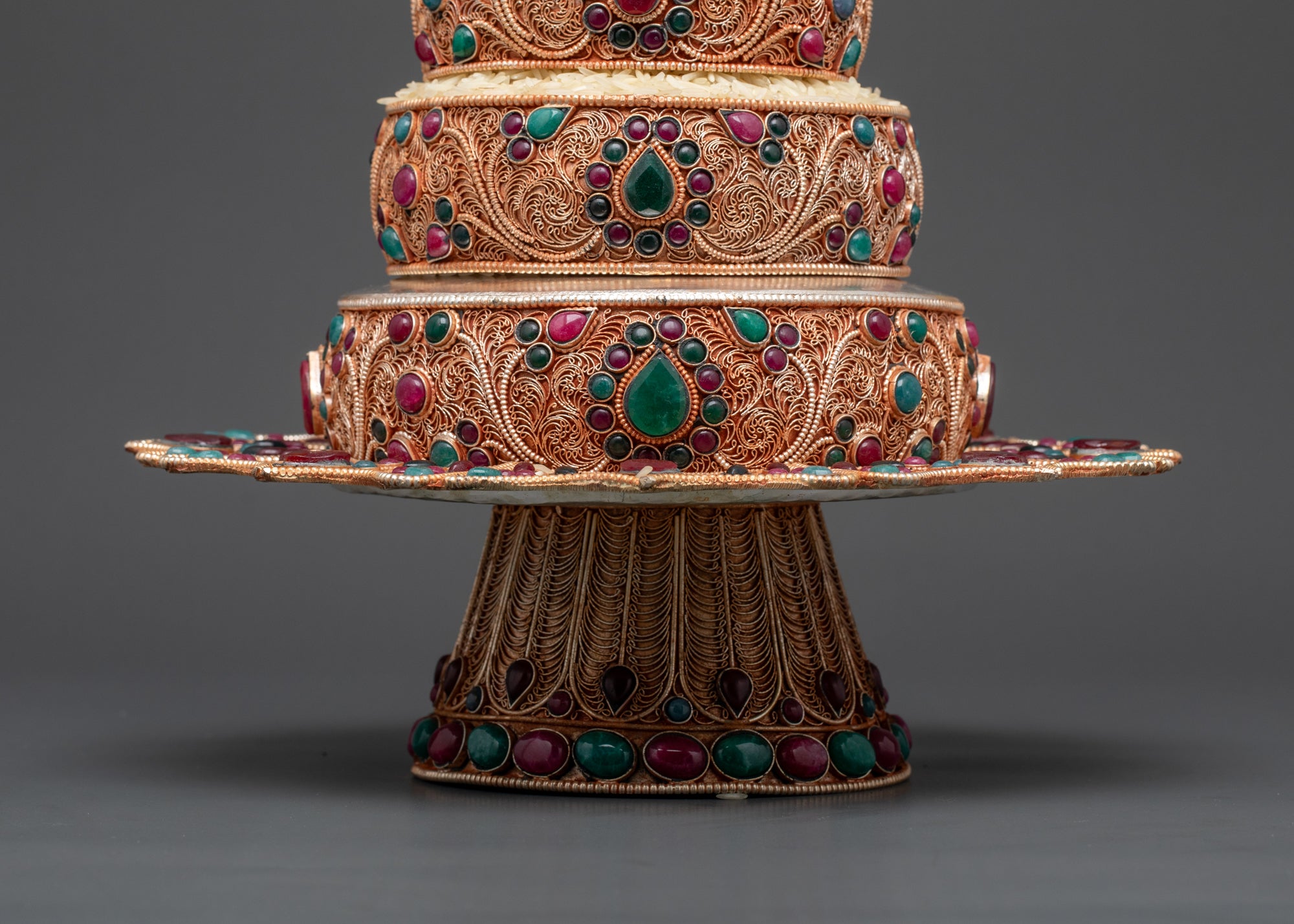 Side view of 6" silver-plated Tibetan Ratna Mandala with auspicious symbols