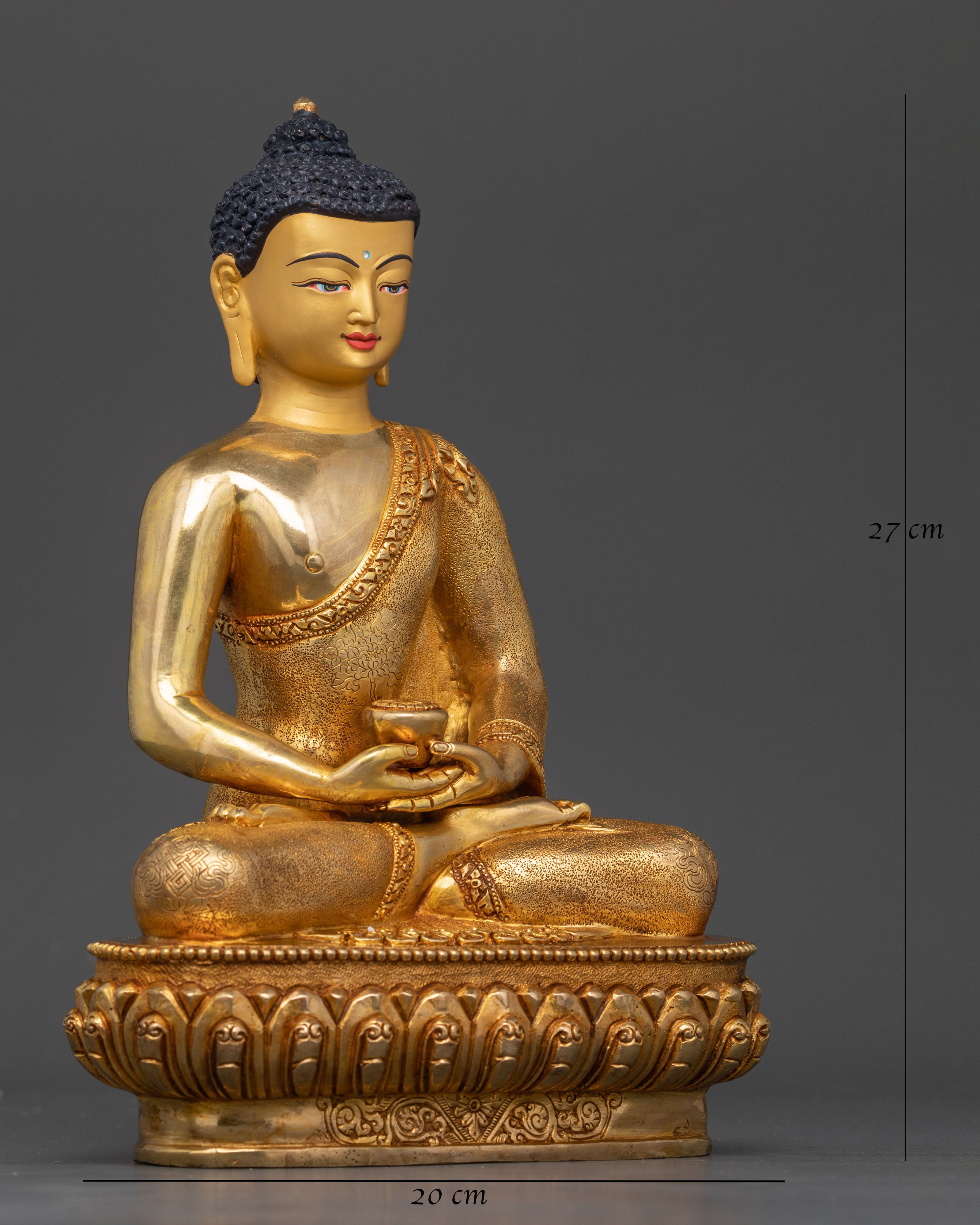 Side view of Amitabha Buddha statue on lotus throne, traditional Nepalese craftsmanship