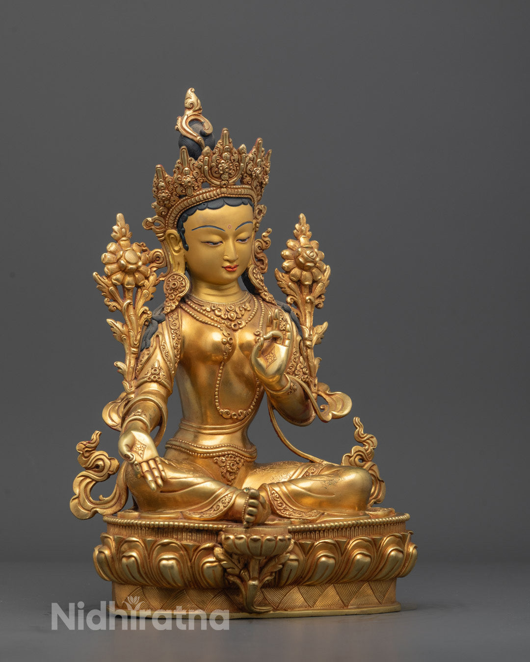 Side view of Authentic Nepalese Green Tara Statue | Seated in Meditation Posture on Blooming Lotus
