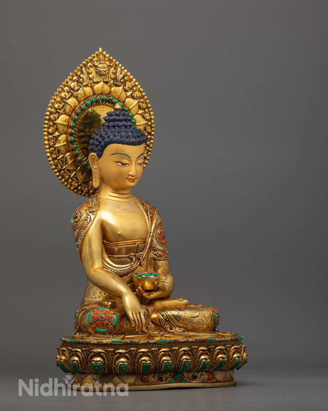 Side view of Buddha Shakyamuni statue featuring hollow chamber for consecration