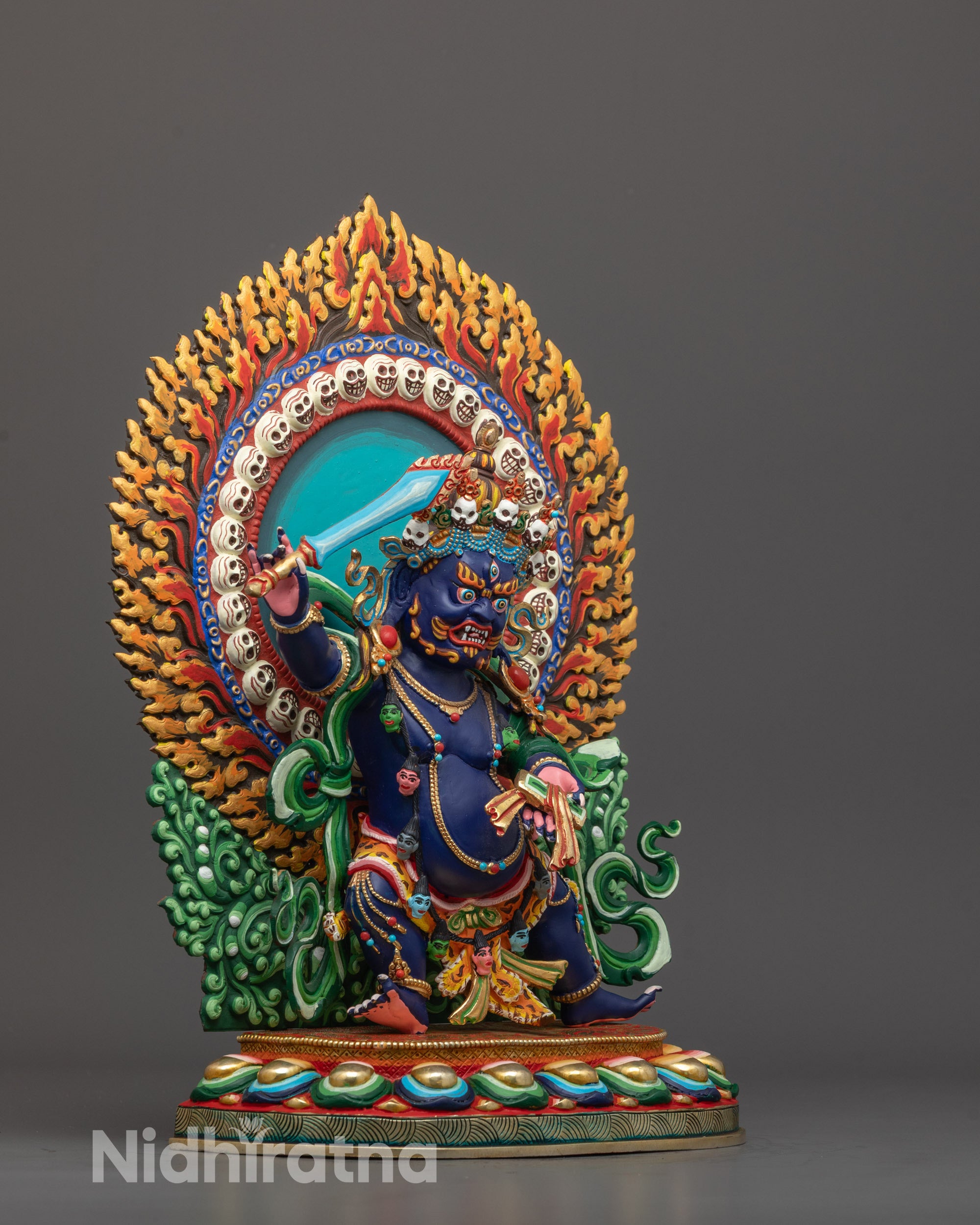 Side view of Dark Blue Manjushri Bodhisattva Statue Holding Sword of Wisdom