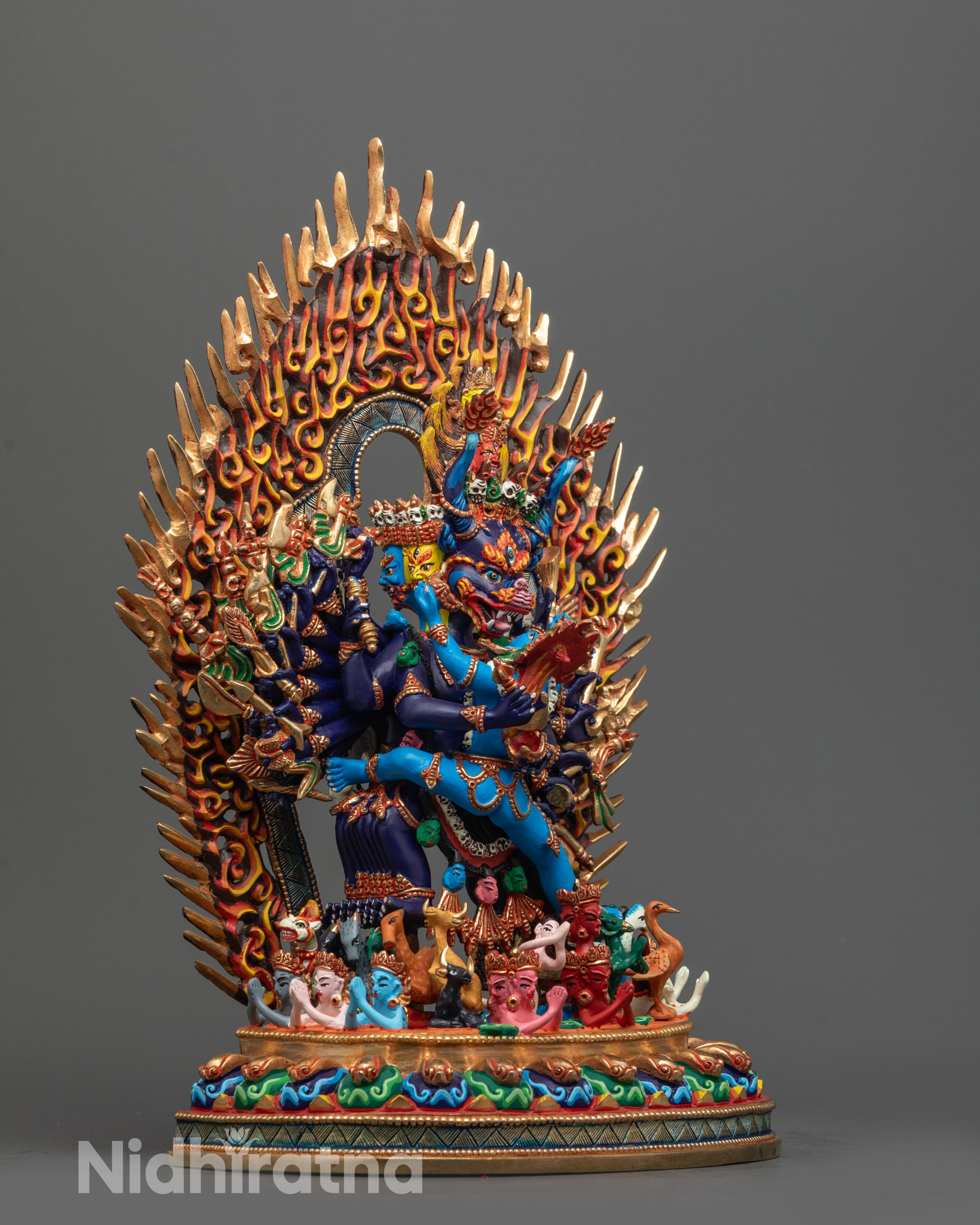 Side view of Fierce Tibetan Yamantaka Statue with flaming halo, symbolizing protection