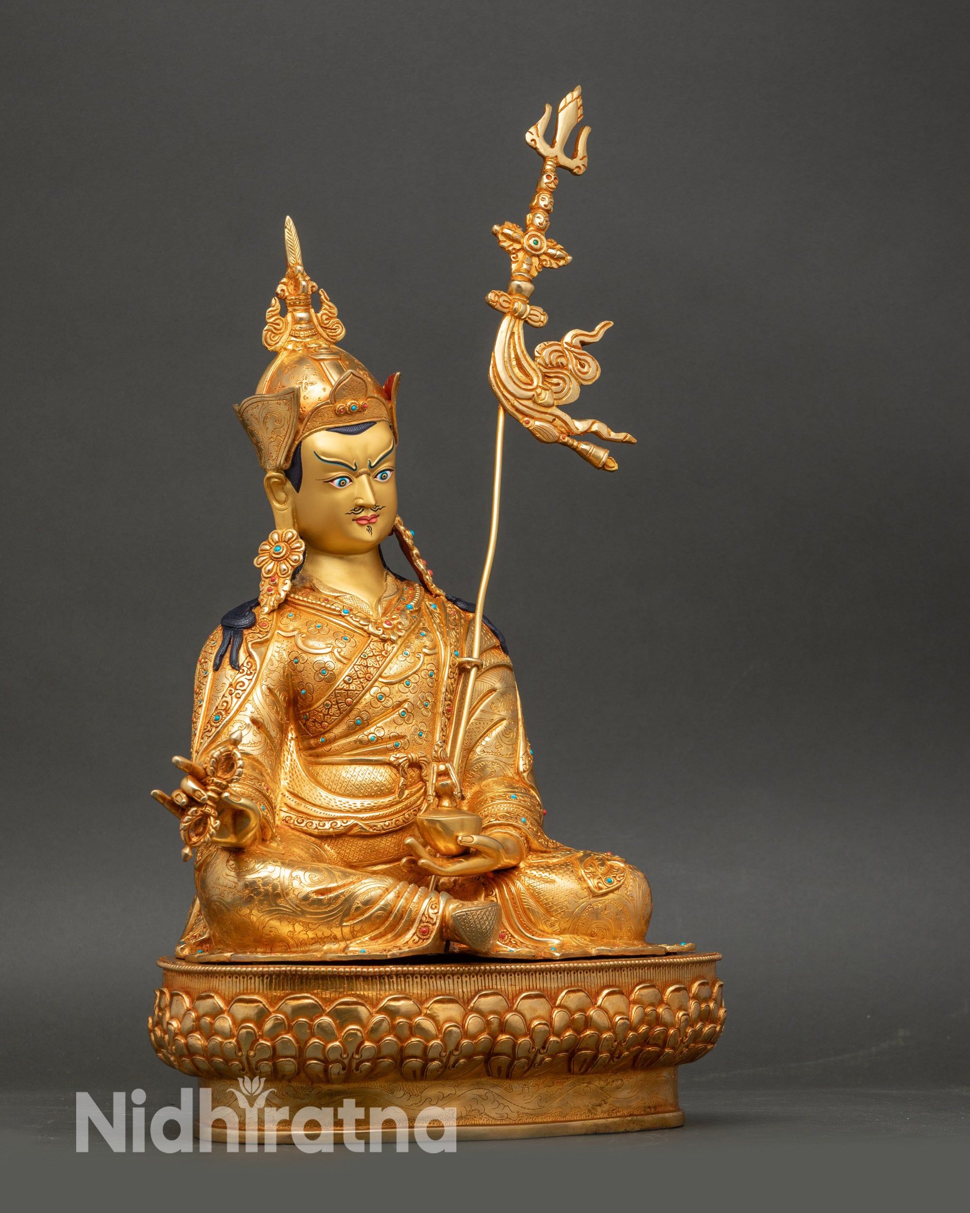 Side view of Guru Rinpoche sculpture on lotus throne, Nepalese Newari artisan work