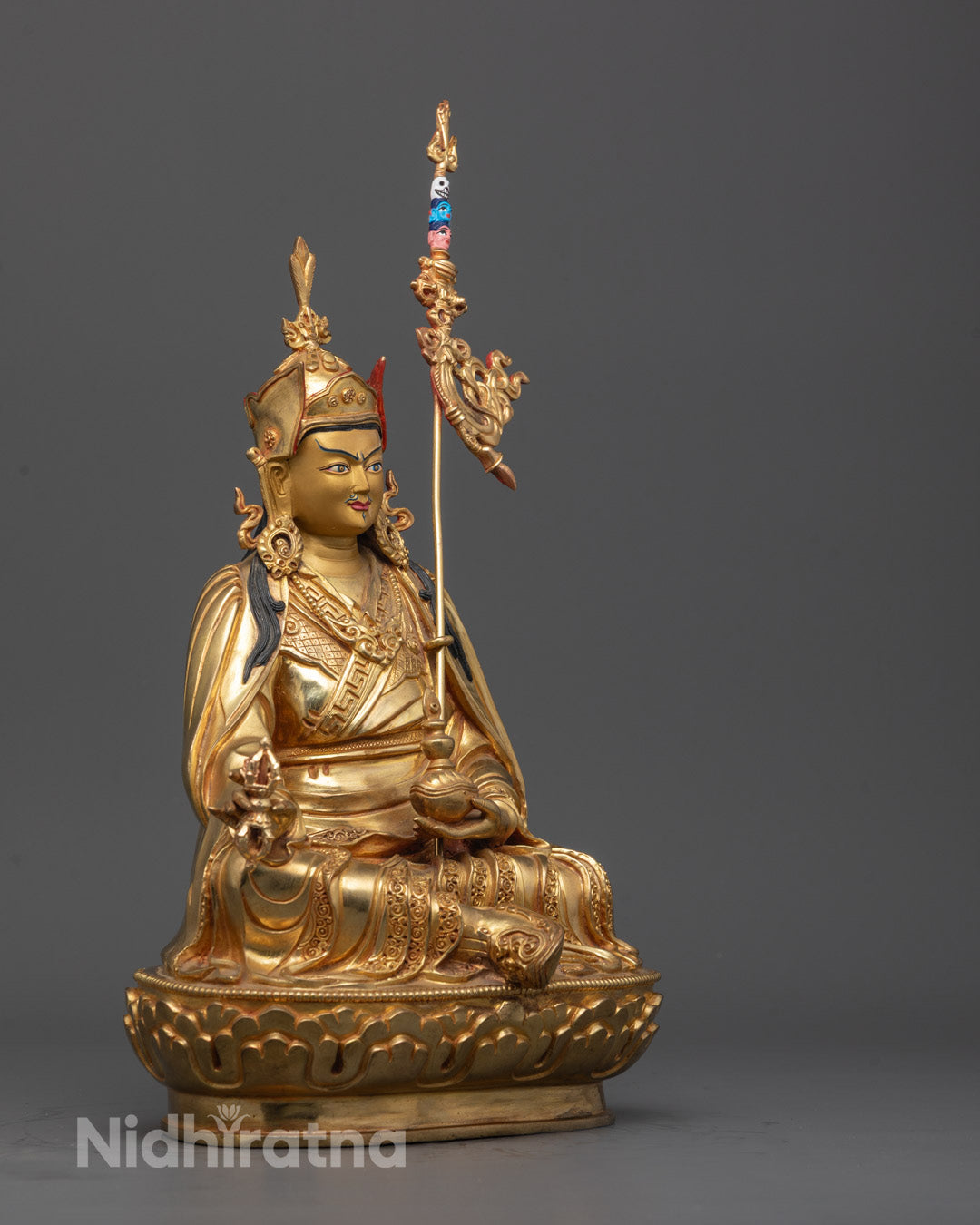 Side view of Lotus Born Master Padmasambhava Statue handcrafted in Patan, Nepal.