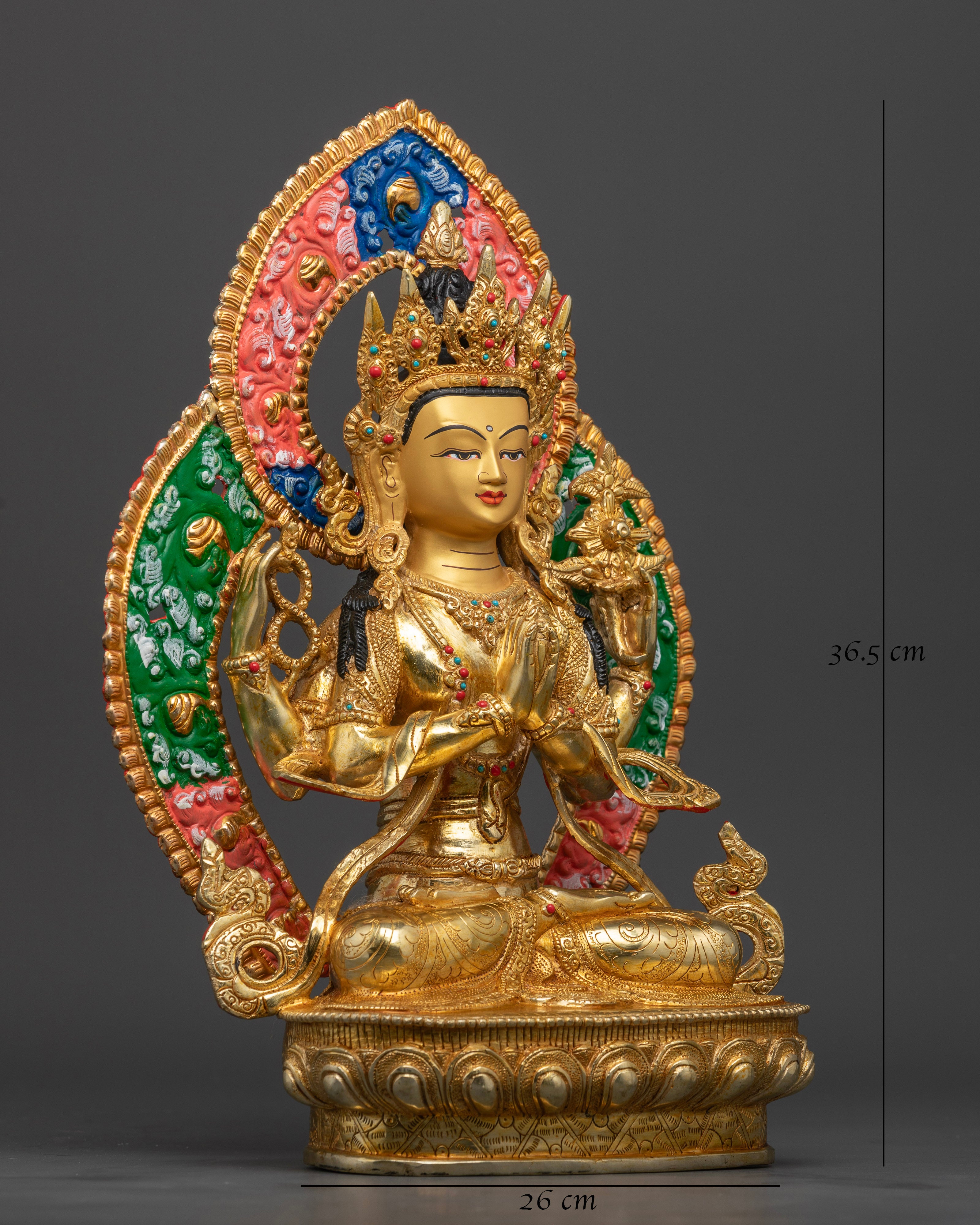 Side view of Nepalese Chenrezig statue with intricate gold-plated halo and divine details