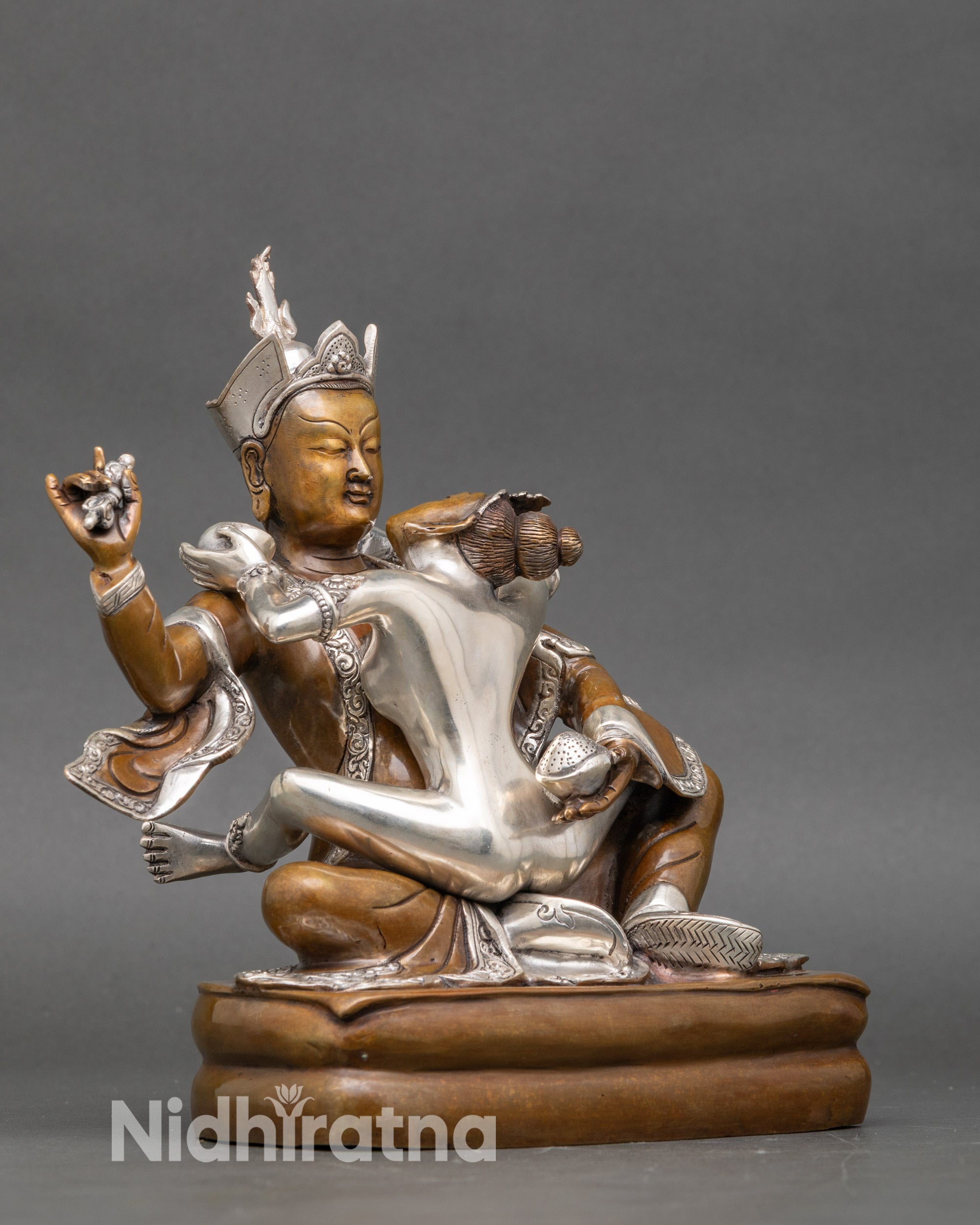 Side view of Padmasambhava and consort Yab Yum sculpture, handcrafted in Nepal