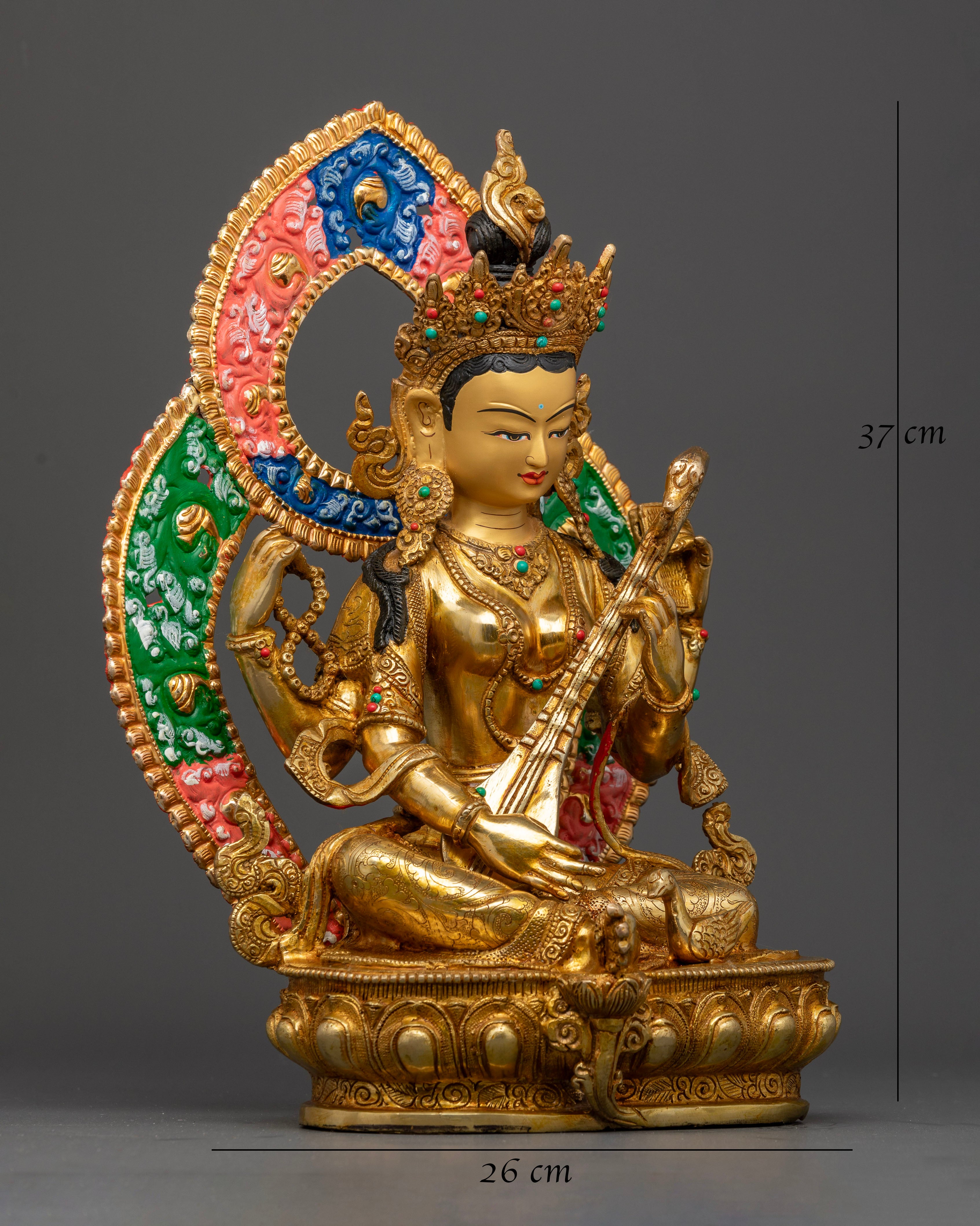 Side view of Saraswati on lotus throne, highlighting acrylic-painted halo and serene face