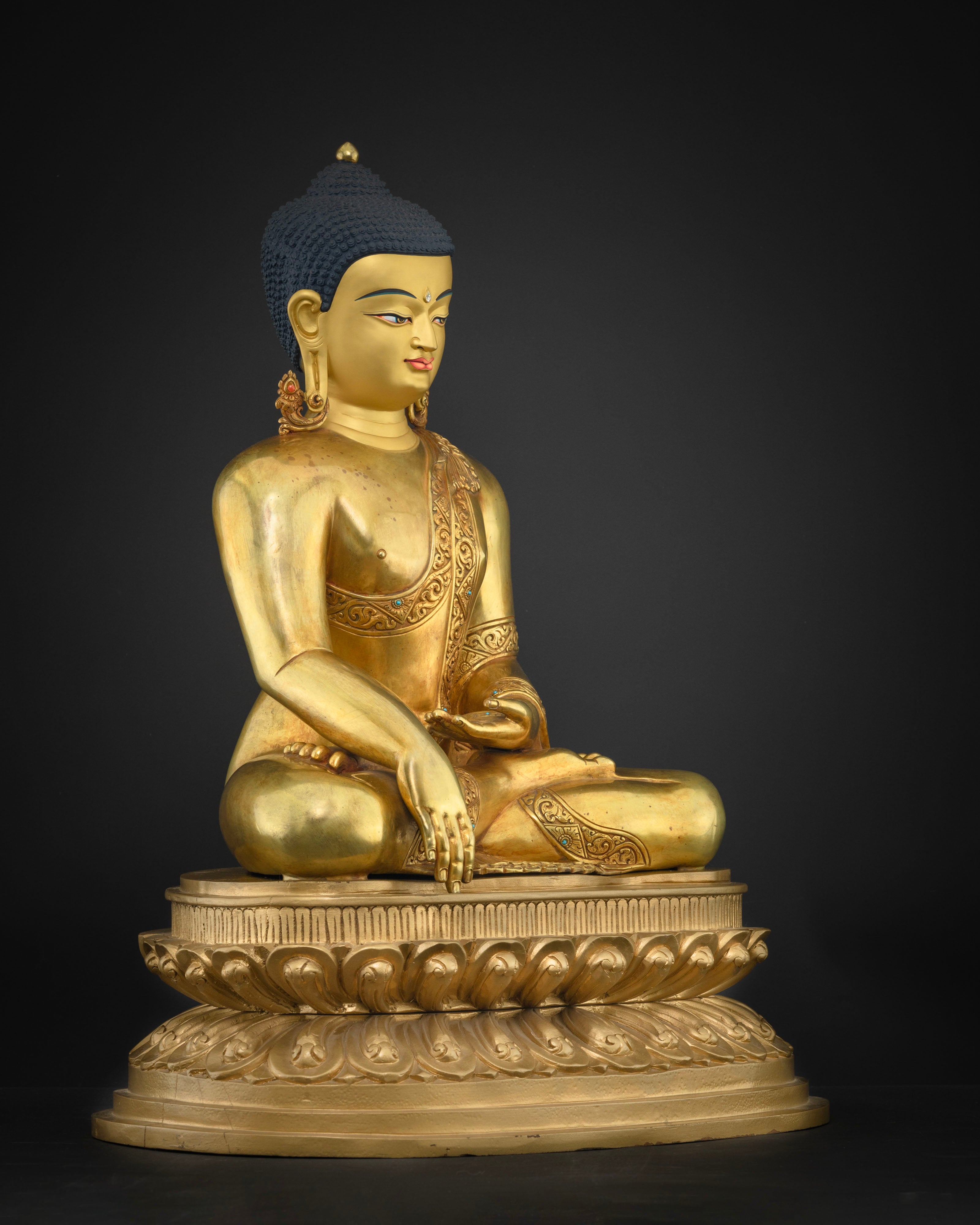 Side view of Serene Shakyamuni Buddha Statue in Home Altar or Meditation Space