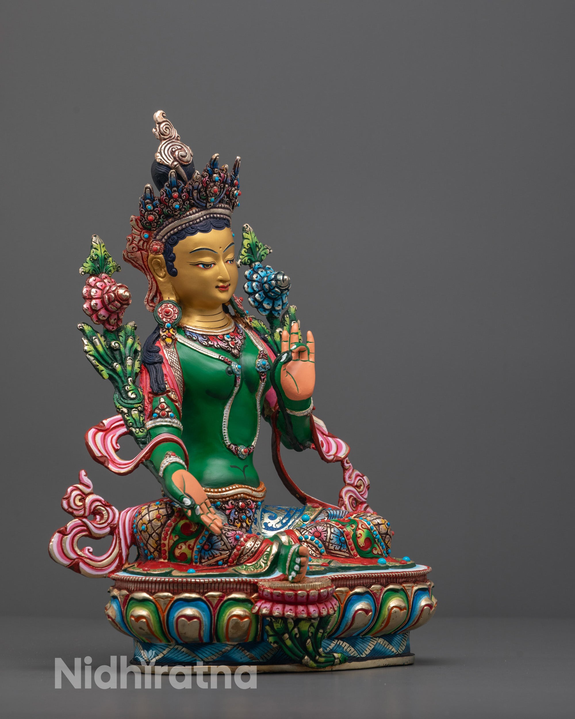 Side view of Traditional Tibetan Green Tara Statue featuring hollow chamber for consecration