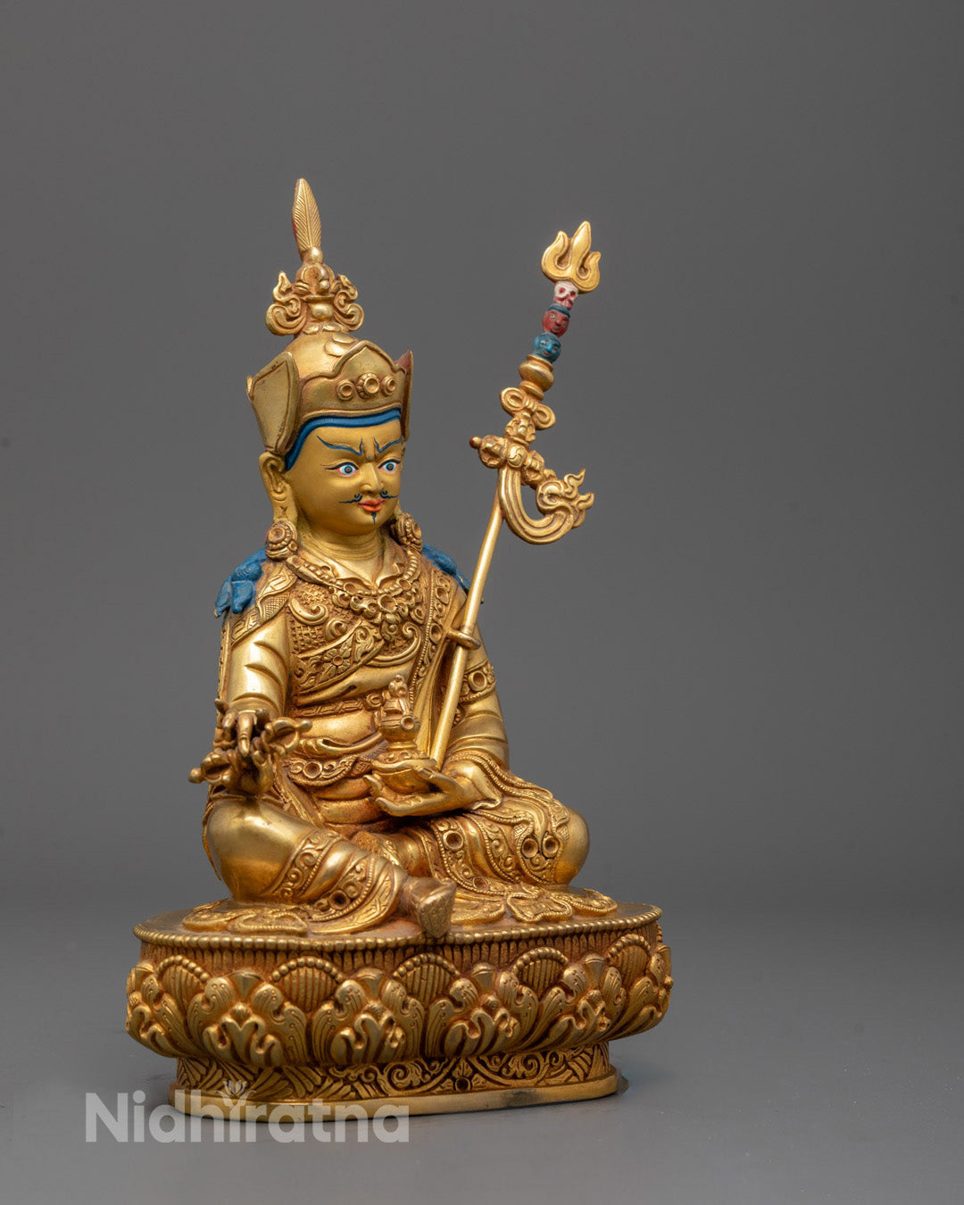 Side view of Traditional Tibetan Guru Rinpoche Statue Handmade by Artisan in Patan, Nepal