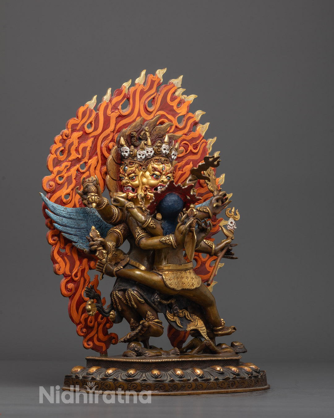 Side view of Vajrakilaya Deity Sculpture Standing on Lotus Base with Consort