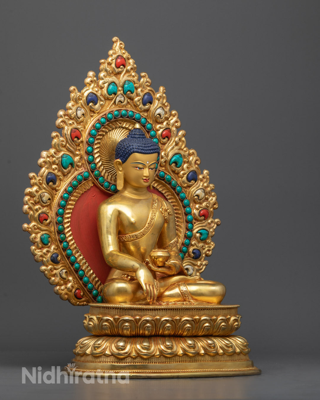 Side view of detailed Shakyamuni Buddha Sculpture highlighting intricate craftsmanship