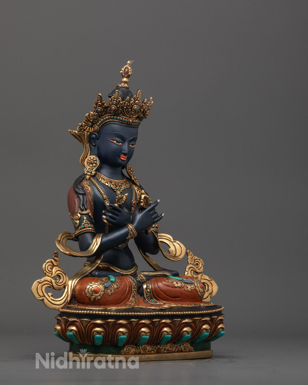 Side view of intricate Vajradhara statue, handcrafted in Nepal