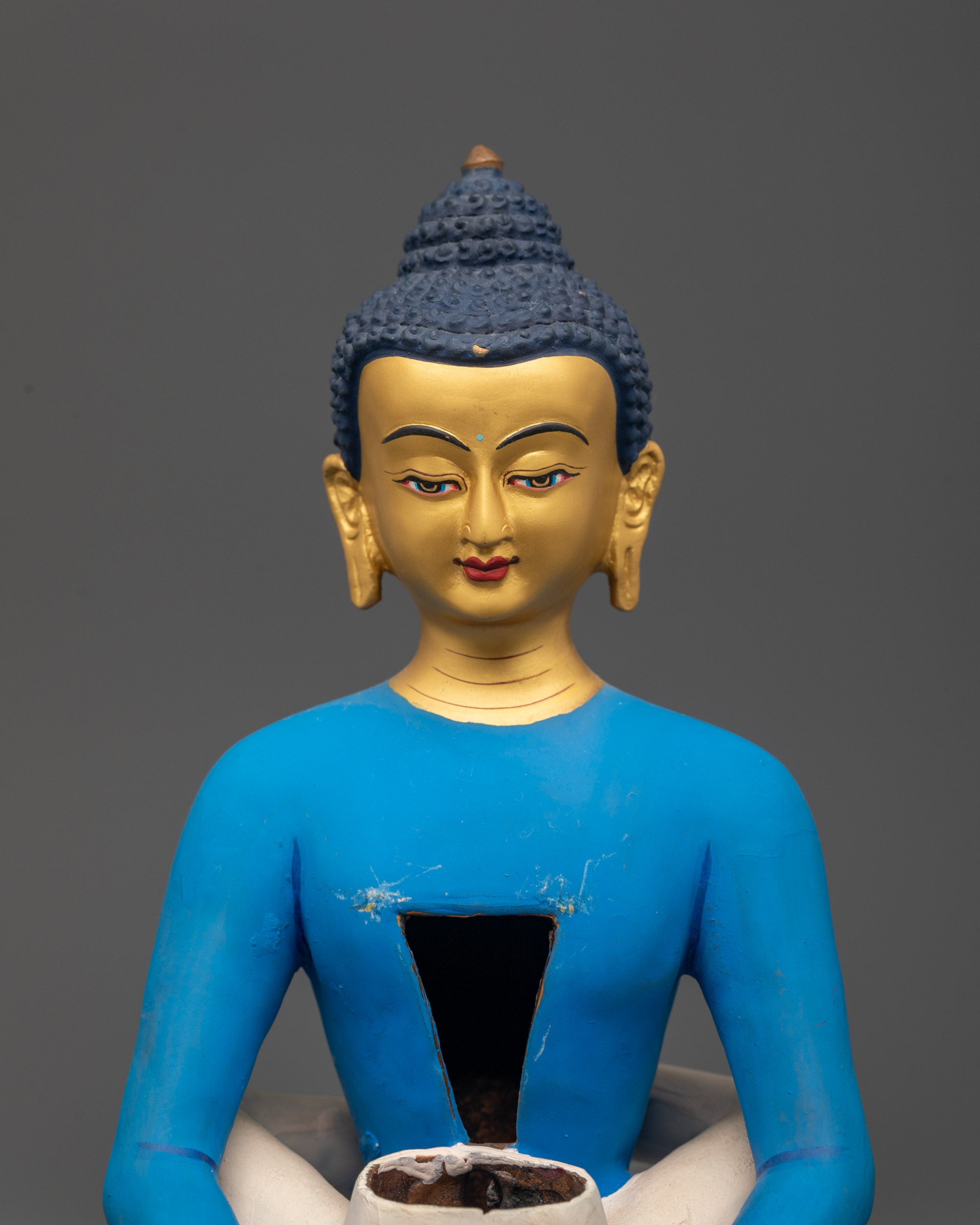 Side view of vibrant Samantabhadra Yab-Yum Statue on multi-coloured lotus seat
