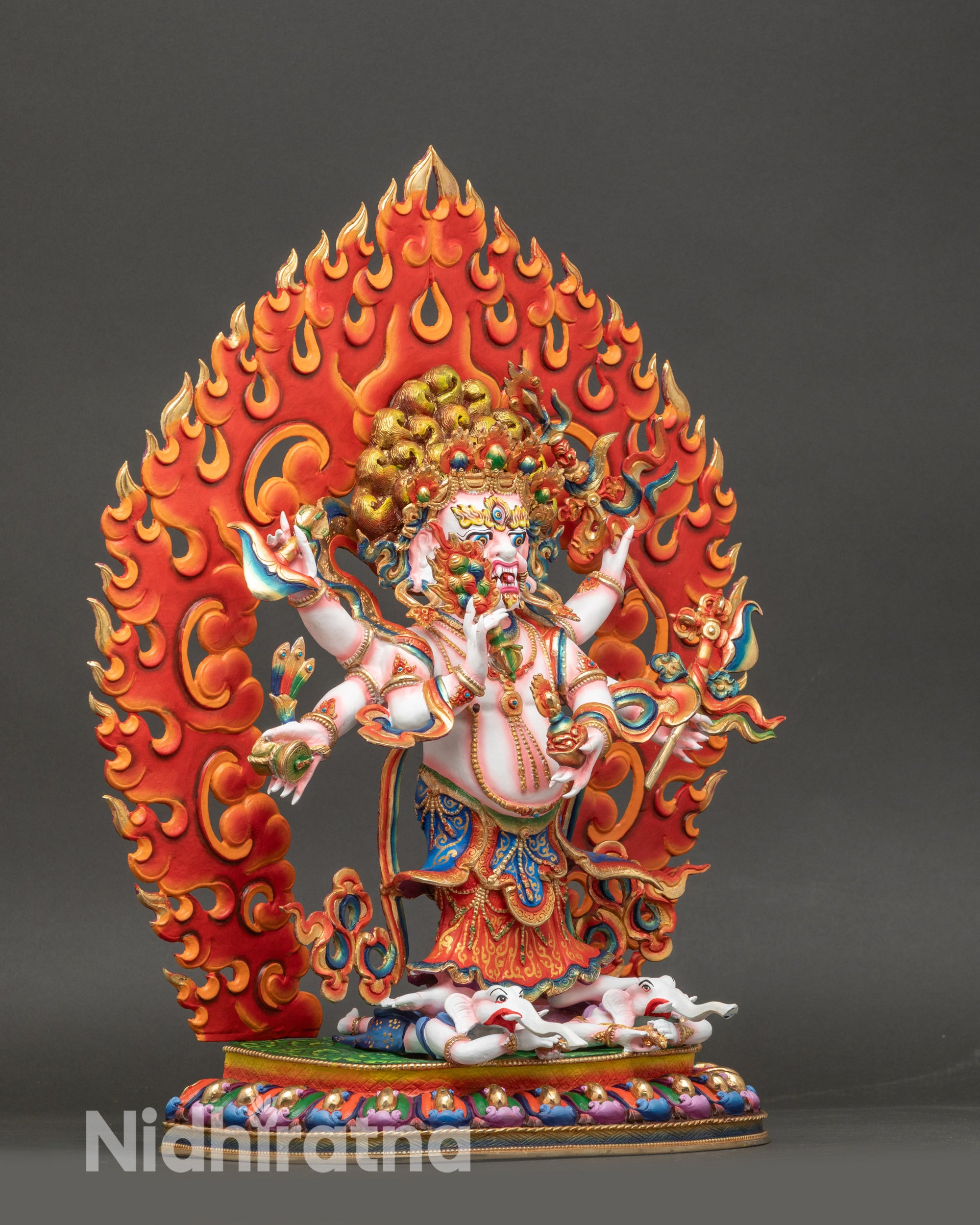 Side view of vibrant Six-Armed Mahakala statue for meditation and spiritual practice