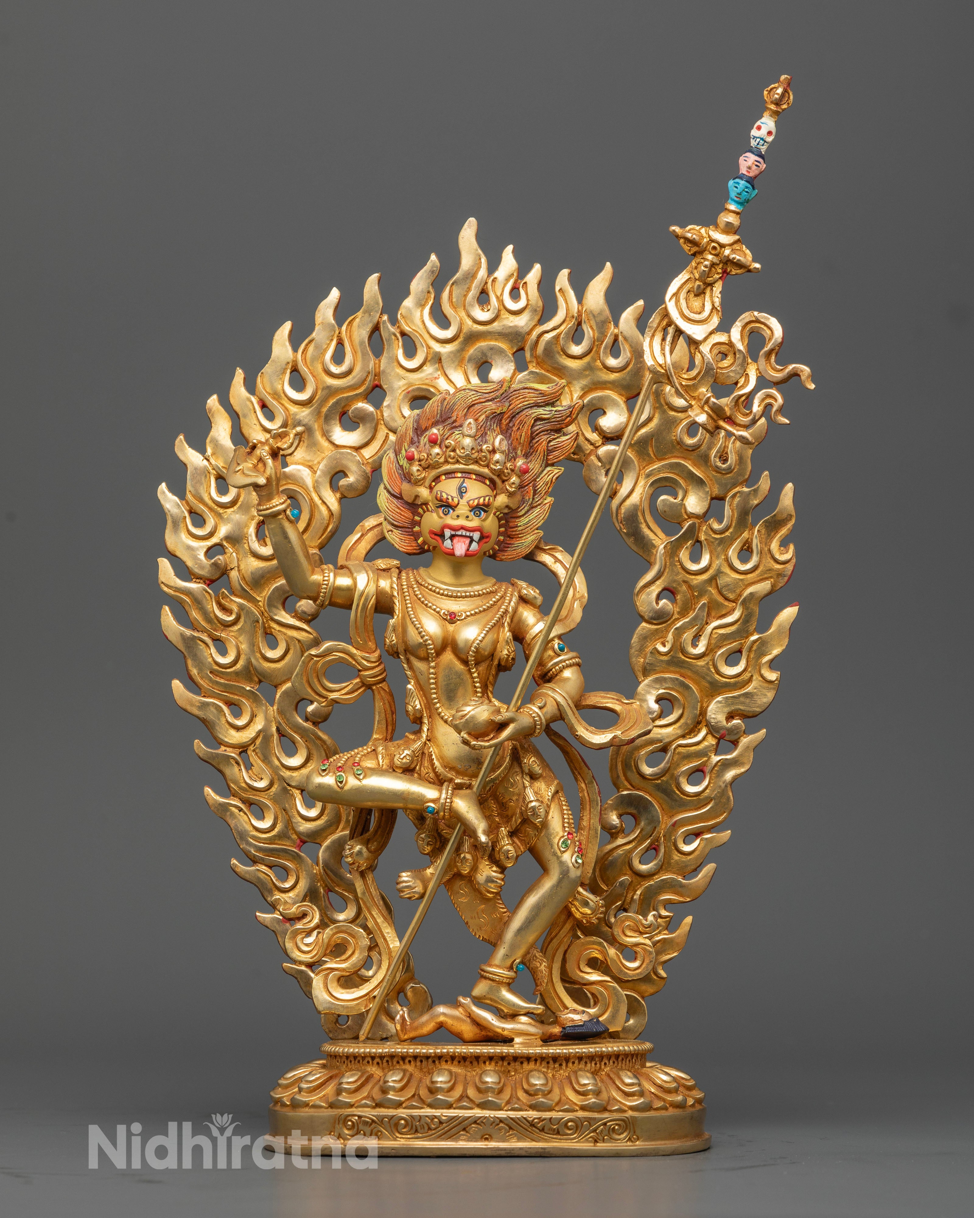 Simhamukha Statue front view with 24k gold finish and hand-painted copper details