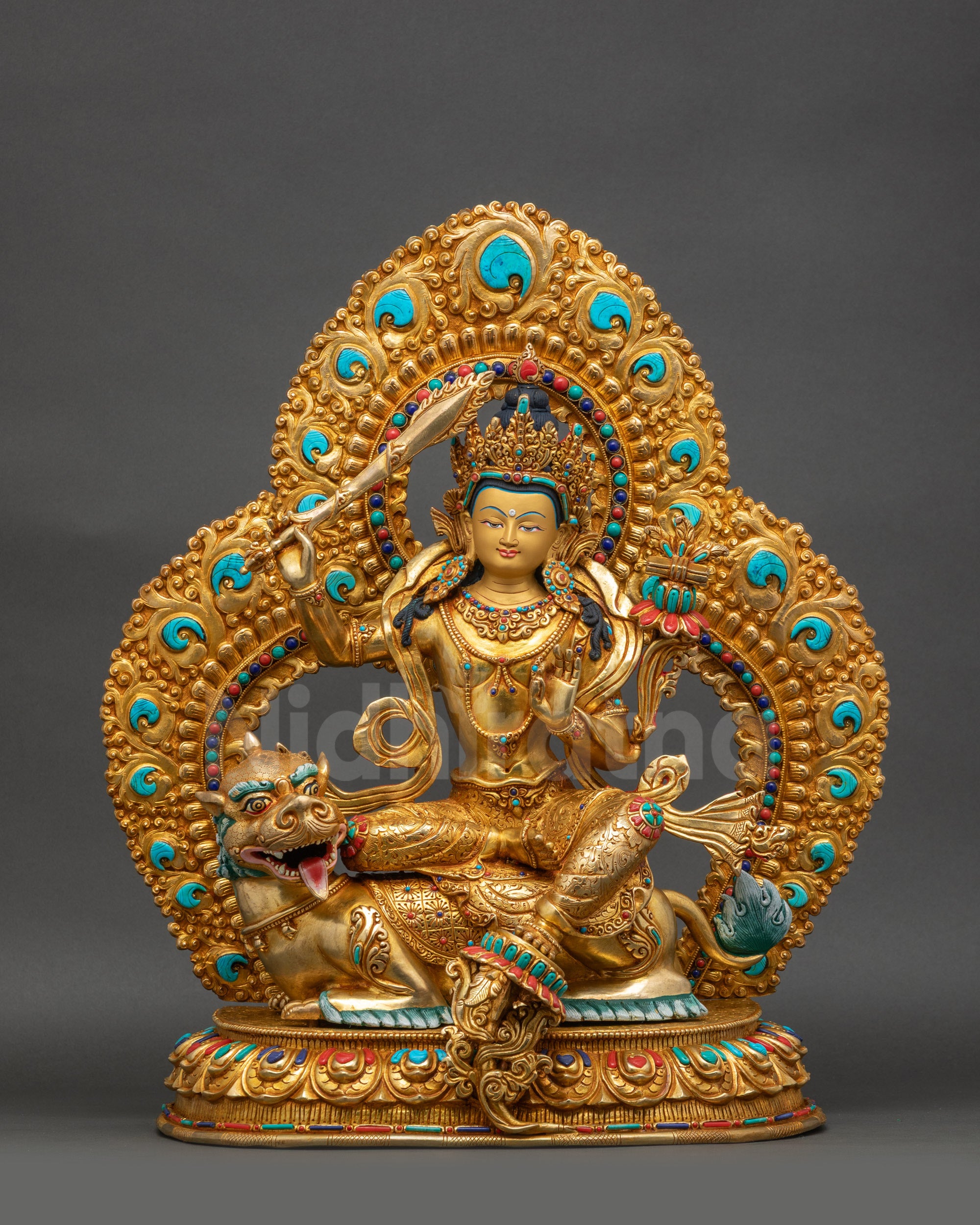 Simhanada Manjushri Statue front view gold fire-gilded lion’s roar deity