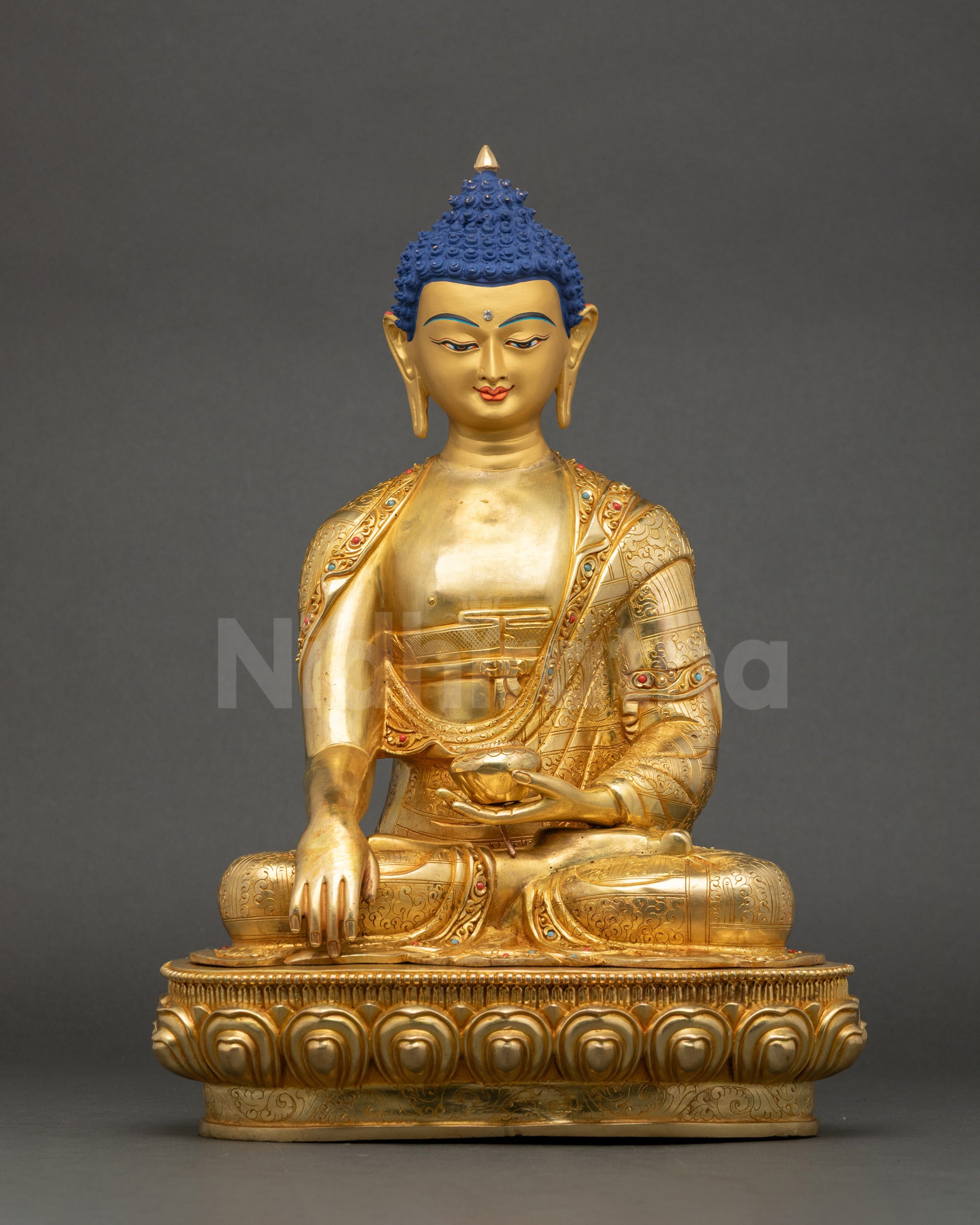 Sitting Buddha Statue gold-fire gilded copper front with begging bowl