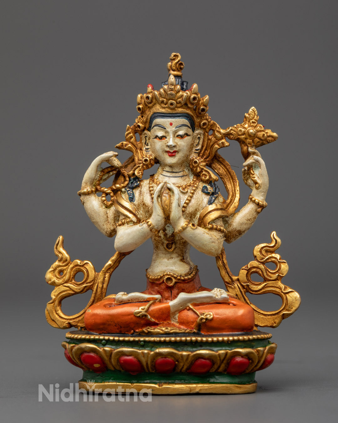 Spiritual Four-Armed Avalokitesvara Statue featuring off-white electroplated copper body with gold-plated crown, jewellery, and robe for compassionate energy.