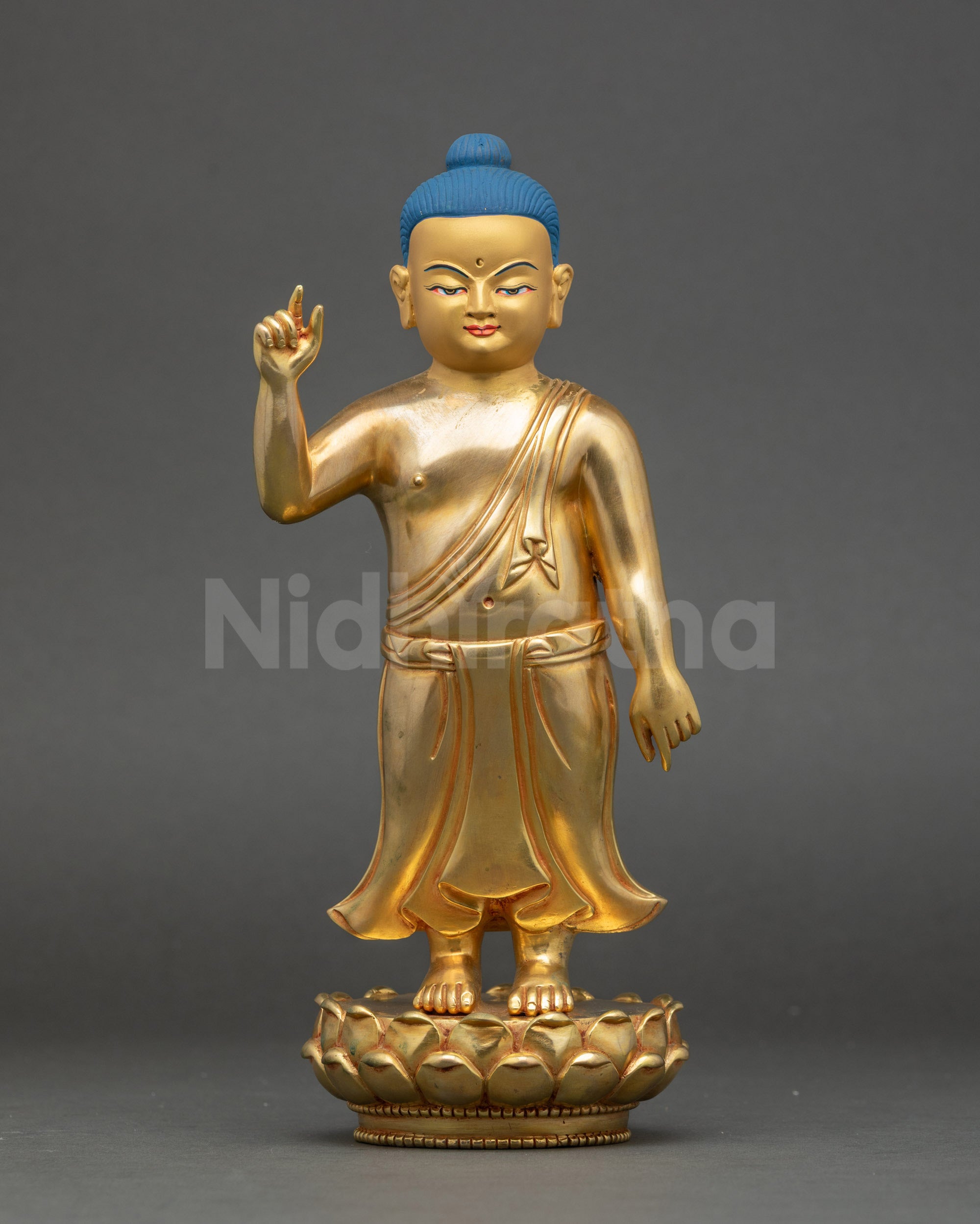 Standing Little Buddha Statue with 24K gold gilding and colorful finish