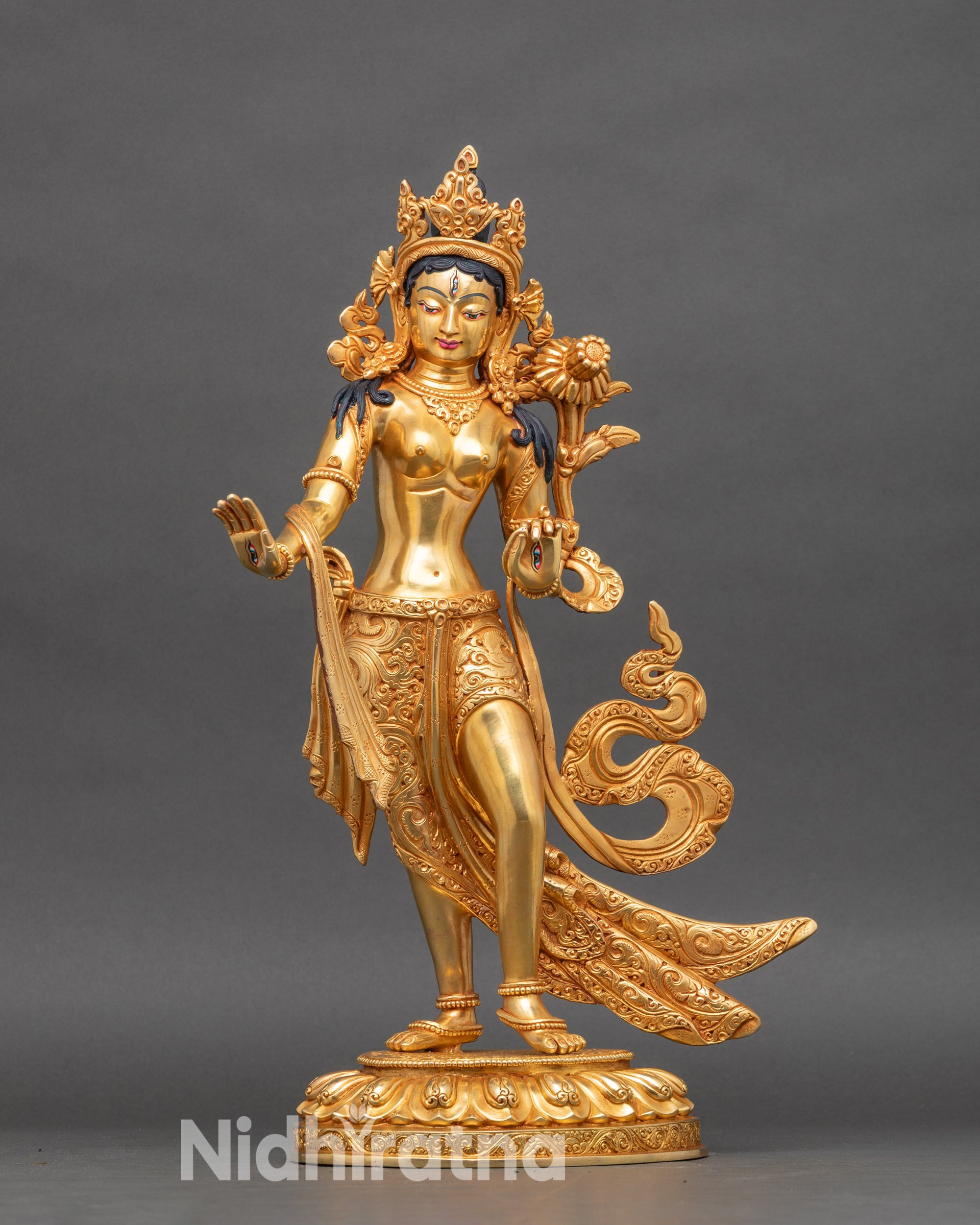 Standing White Tara statue on lotus pedestal, copper with gold fire-gilding