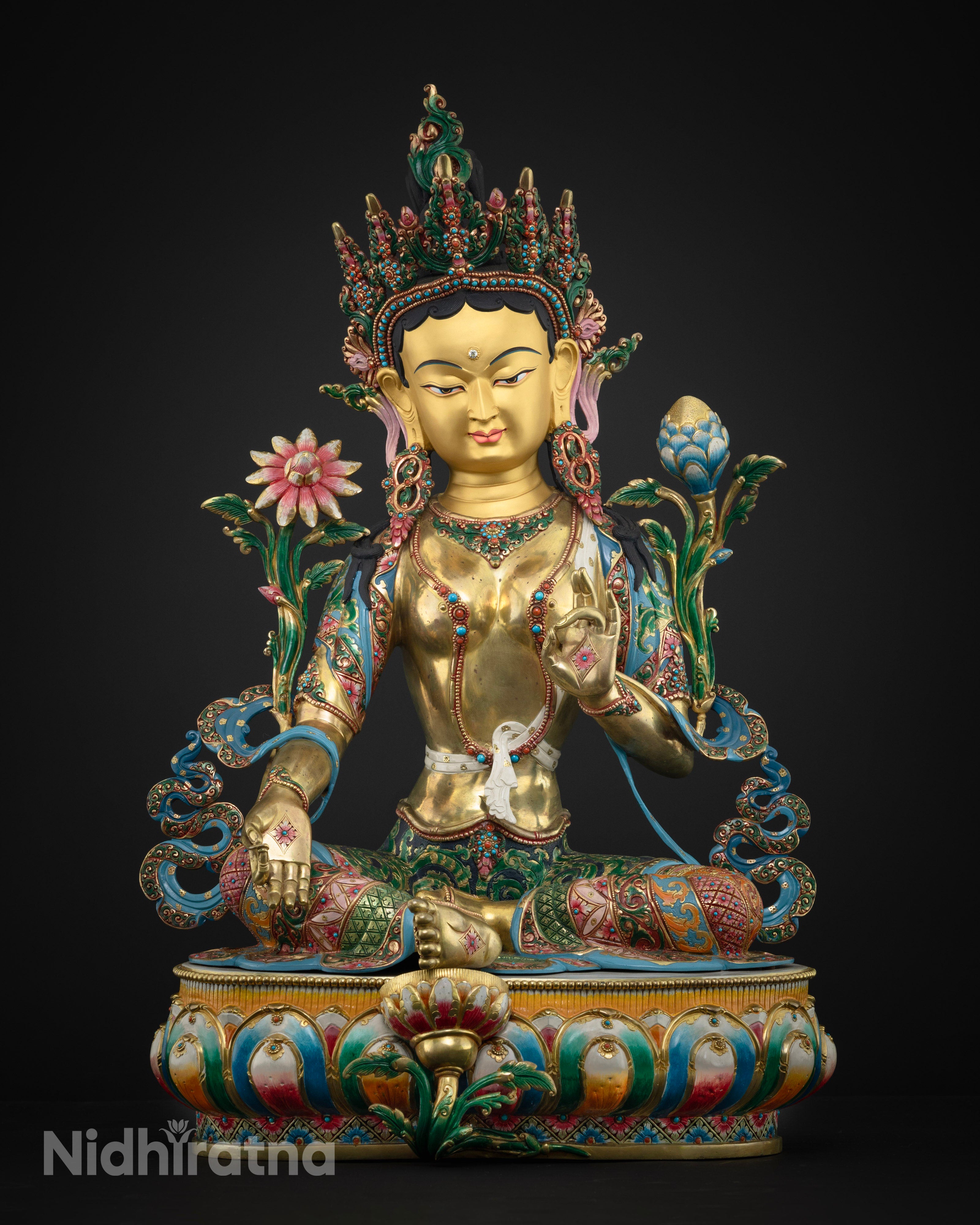 Handmade Green Tara Statue full picture in Copper and 24K Gold Gilded with intricate details and artwork