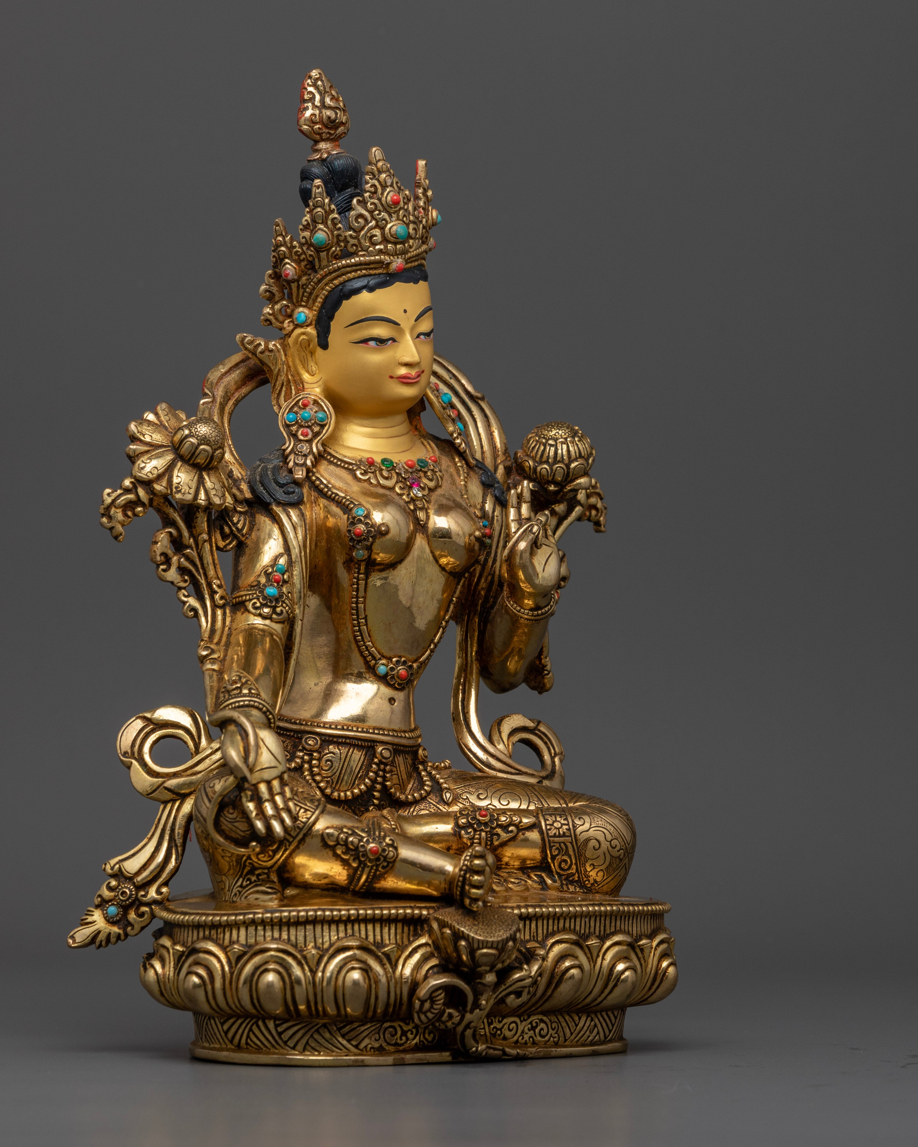 The 3.20kg Green Tara statue, showcasing flowing robes, ornate jewelry, and the exquisite craftsmanship of traditional Nepalese artistry.